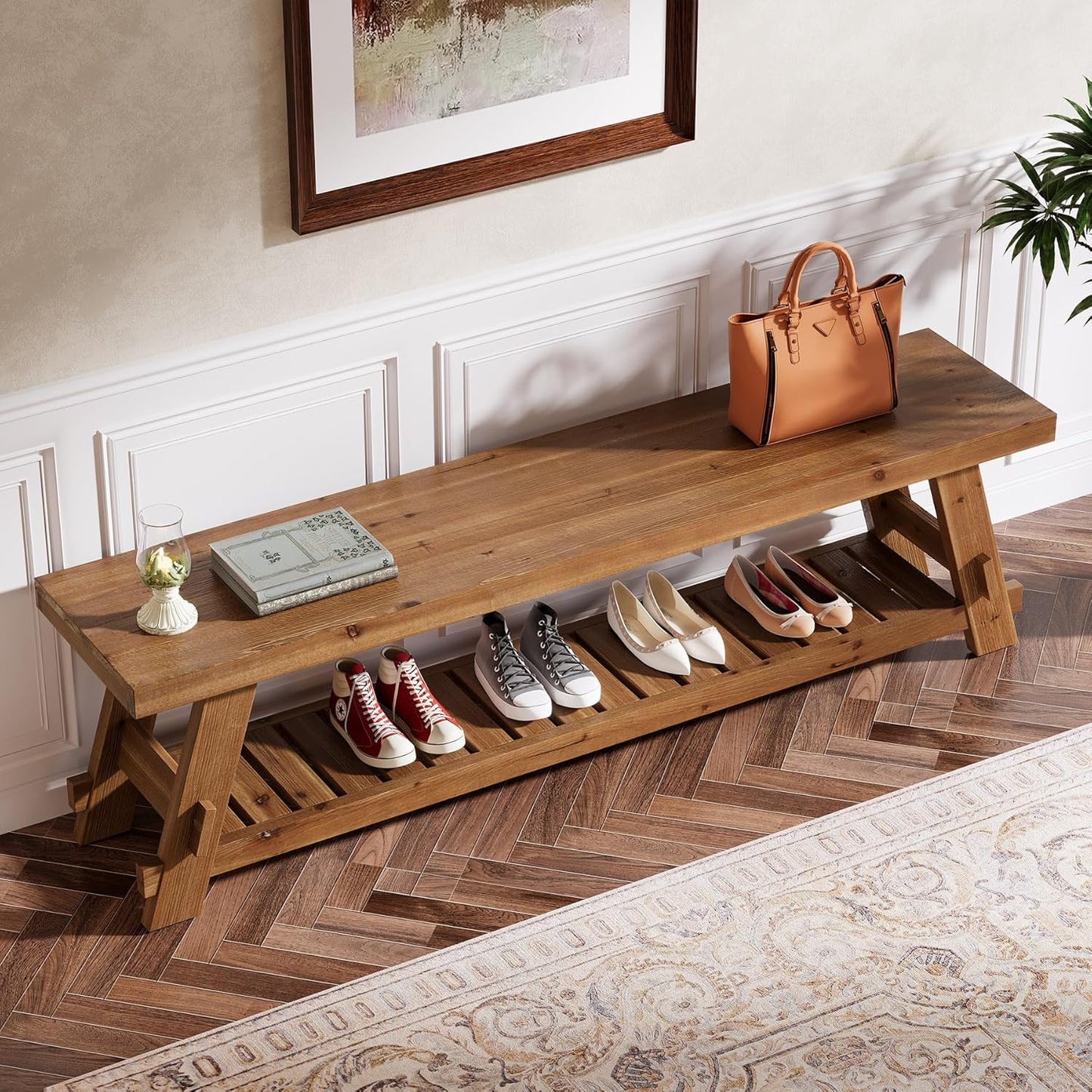 63" Solid Wood Bench, 2-Tier Shoe Rack, Farmhouse Entryway Bench with Shoe Storage, Kitchen Dining Bench, Narrow Shoe Storage Bench for Entryway, Bedroom, Mudroom, Living Room, Rustic Brown