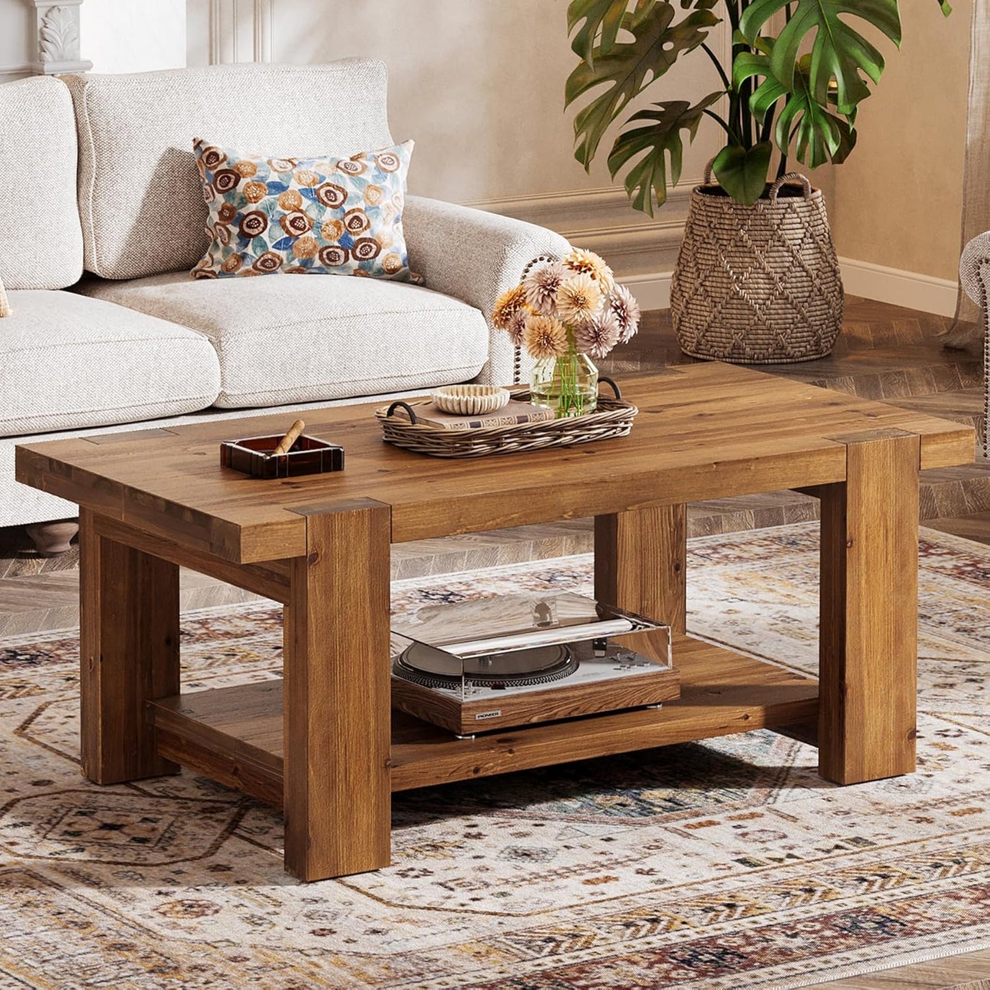 47" Large Coffee Table with Storage Shelf, Solid Wood Heavy-Duty Rustic Brown Farmhouse Living Room Furniture Center Table Holds Up to 350 lb