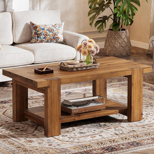 47" Large Coffee Table with Storage Shelf, Solid Wood Heavy-Duty Rustic Brown Farmhouse Living Room Furniture Center Table Holds Up to 350 lb