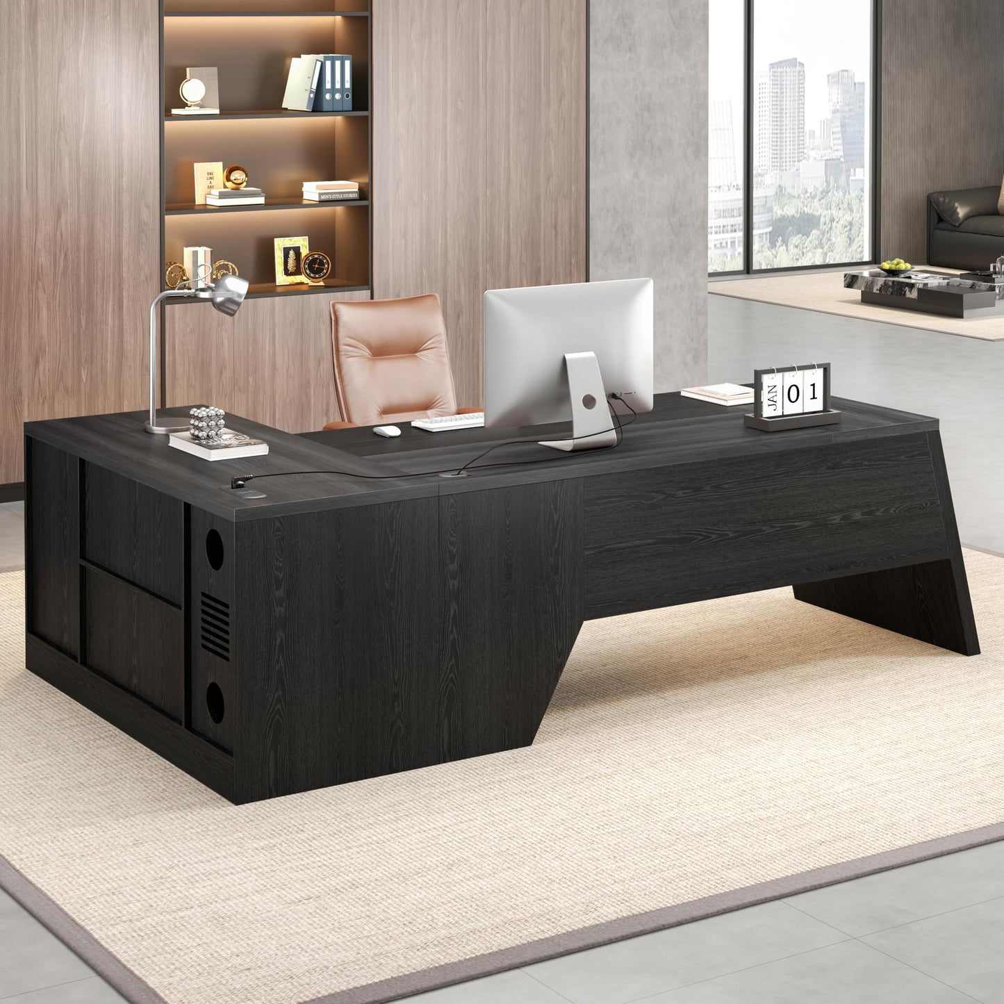 Epecoya L-Shaped Executive Desk with Drawer, 78-Inch Large Home Office Desk with Cord Hold and Power Outlet, Modern Computer Table with Lateral File Cabinet,Open Shelf and PC Stand, Walnut Brown Black