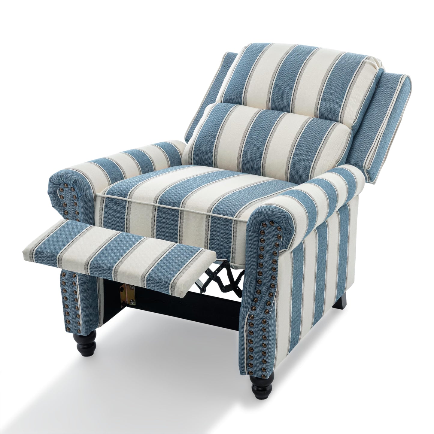 Pushback Recliner Chairs Set of 2, Comfy Fabric Wingback Recliner Chair, Upholstered Armchair Push Back Recliner with Wood Legs, Rivet Trim Accent Chair for Living Room, Bedroom, Blue Stripe