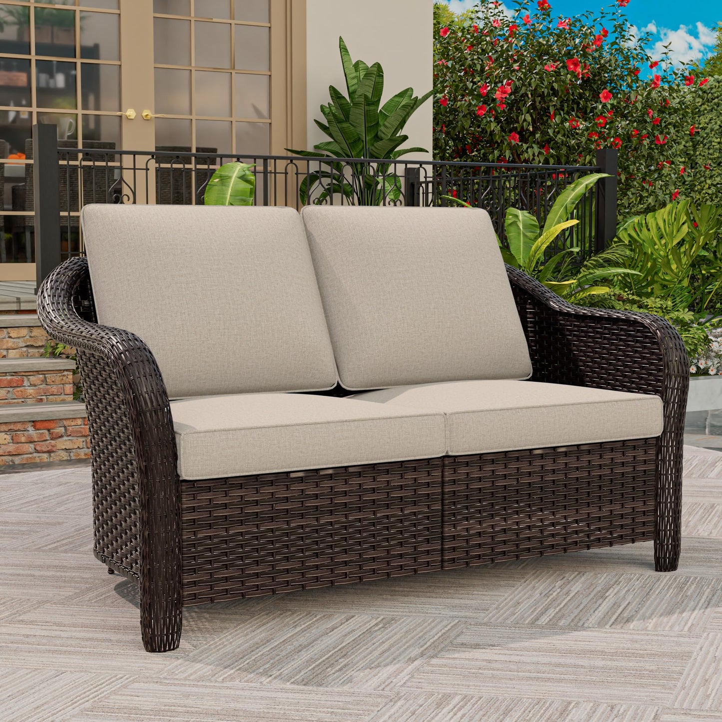 55 inch Outdoor Wicker 2 Seater Sofa, All-Weather Use Patio Rattan Loveseat with Seat and Back Cushion, Ideal for Porch, Backyard, Balcony, Poolside, Blue