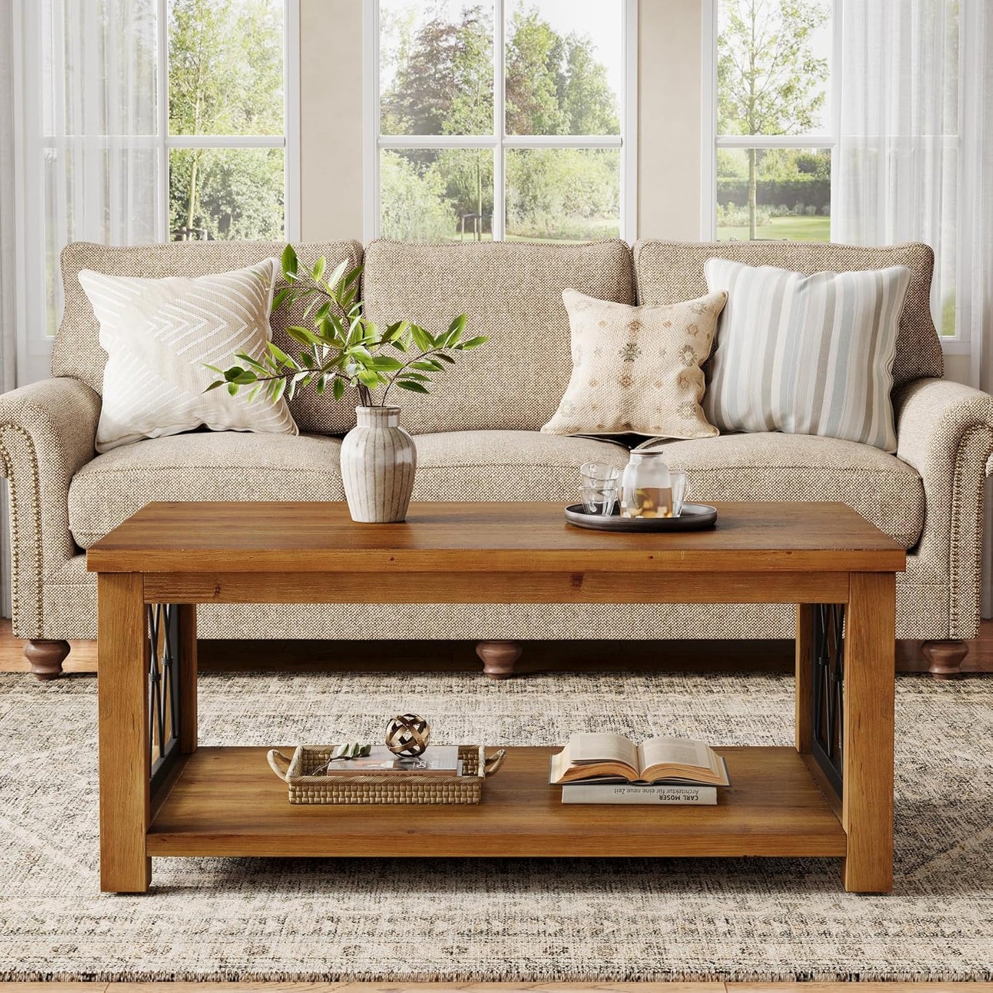 47.2" Solid Wood Coffee Table, 2-Tier Storage Design, Farmhouse Rectangular Center Cocktail Table, Rhomboid Metal Frame, for Living Room, Office, Balcony, Easy Assembly