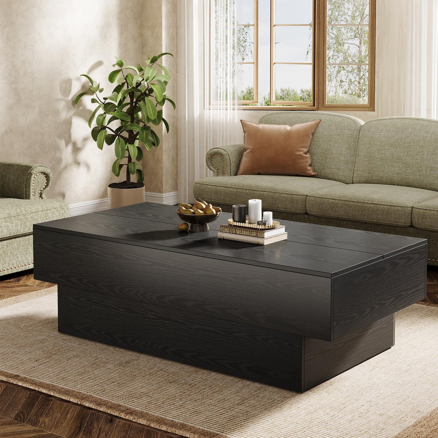 Tribesigns Modern Black Coffee Table, 55-Inch Rectangle Wooden Tea Table, Large Center Table for Living Room, Reception Room