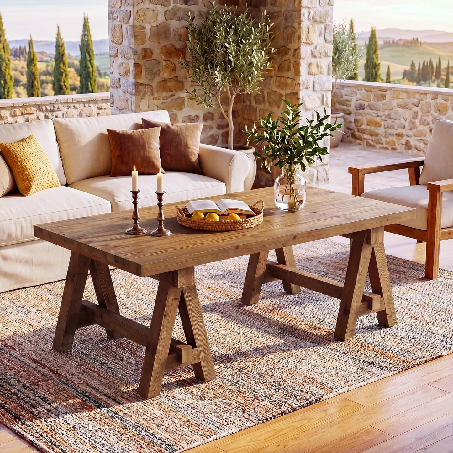 Solid Wood Coffee Table, 47" Rustic Farmhouse Center Table, Natural Wood Rectangular Coffee Tea Accent Furniture with Trestle Base & Spacious Tabletop for Living Room, Lounge, Home Office