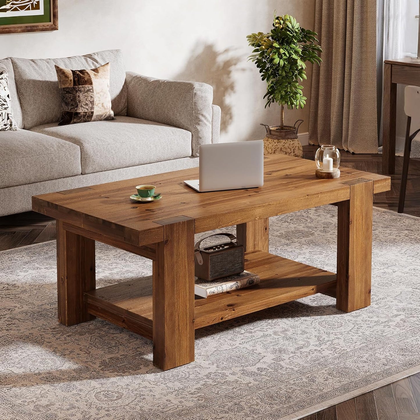 Solid Wood Coffee Table with 2-Tier Storage Shelf, 47.2" Farmhouse Rectangle Center Table Furniture for Living Room, Apartment, Office, Rustic Brown