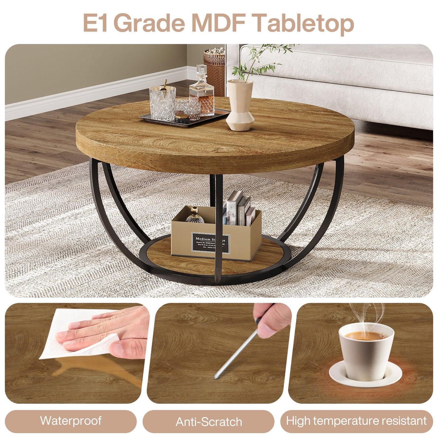 Tribesigns Round Coffee Table, 31.7" Wooden 2-Tier Circle Coffee Table with Storage Shelves, Modern Accent Cocktail Table Center Table for Living Room, Grey