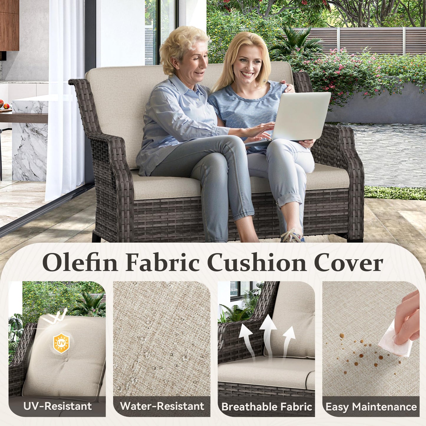 Outdoor Patio Loveseat, All-Weather 2-Seater Wicker Loveseat with Cushions, Outdoor Patio Love Seat Sofa for Garden, Balcony and Deck