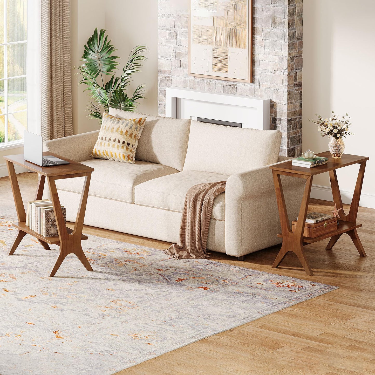 Solid Wood End Table for Living Room, 2-Tier Storage Shelves Sofa Couch Side Table with Sturdy Legs, Wooden Narrow Retro Nightstand for Small Spaces, Bedroom, Apartment