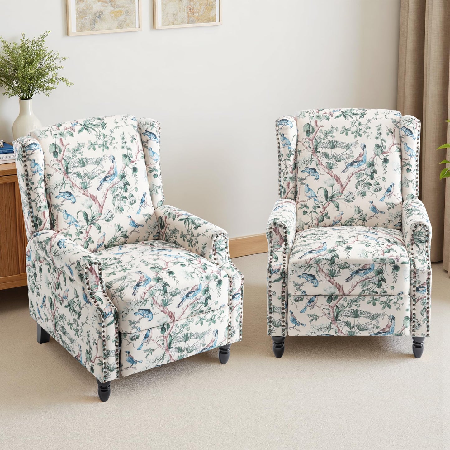 Pushback Recliner Chair, Printed Fabric Wingback Recliner Chair for Living Room, Upholstered Armchair Push Back Recliner with Wood Legs, Rivet Trim Wingback Accent Chair for Bedroom, Navy
