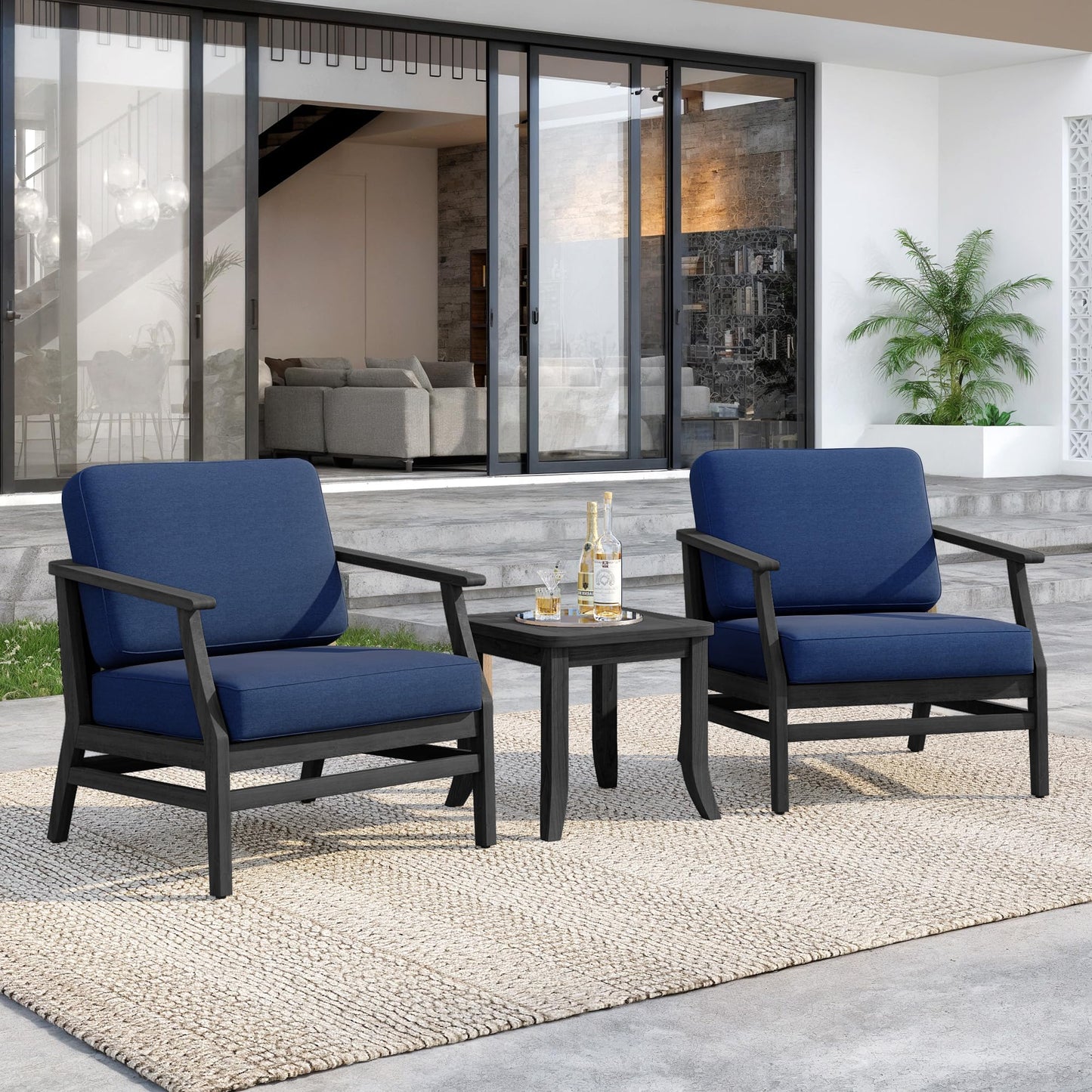 Outdoor Patio Armchairs, 2 Pieces Solid Wood Patio Furniture Sets with Washable Thick Cushions, All-Weather Outdoor Sofa Chairs for Backyard, Garden, Poolside, Natural Frame & Dark Gray Cushion