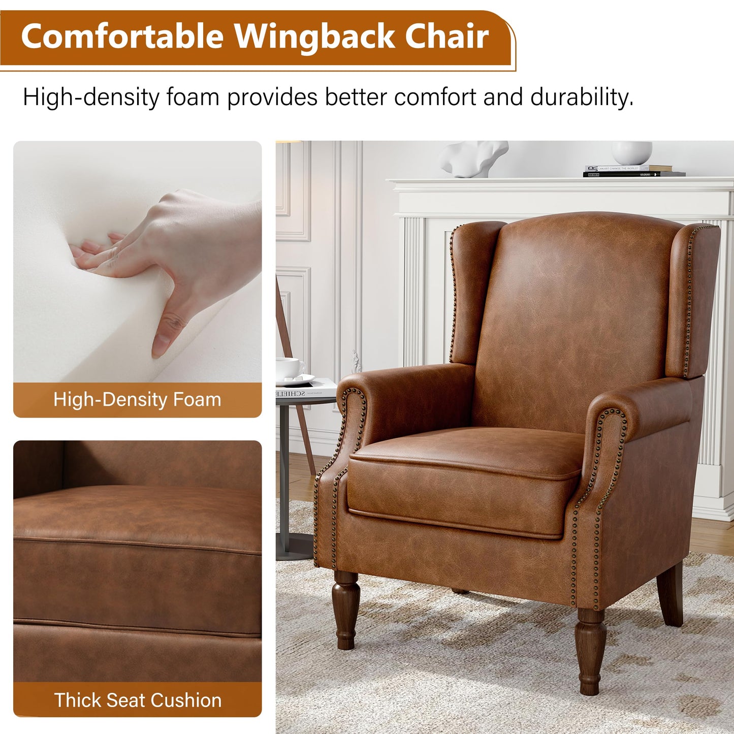 Floral Wingback Accent Chair, High Back Upholstered Armchair, Comfy Fabric Wingback Arms Chairs with Solid Wood Legs, Single Sofa Reading Chair for Bedroom Living Room, Beige