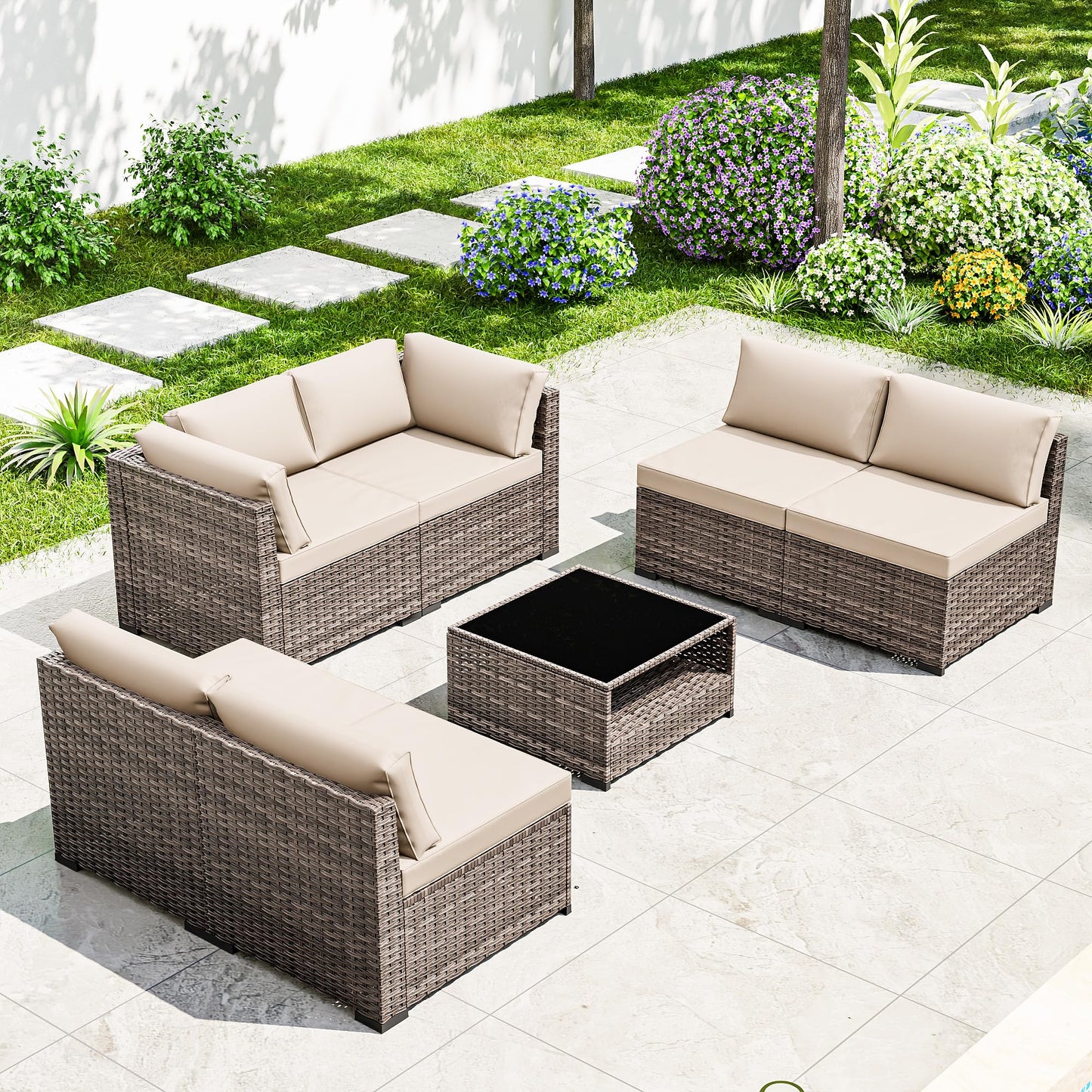 Joyside 5-Piece Patio Furniture Set, Rattan Outdoor Sectional Wicker Patio Conversation Set with Cushions and Coffee Table