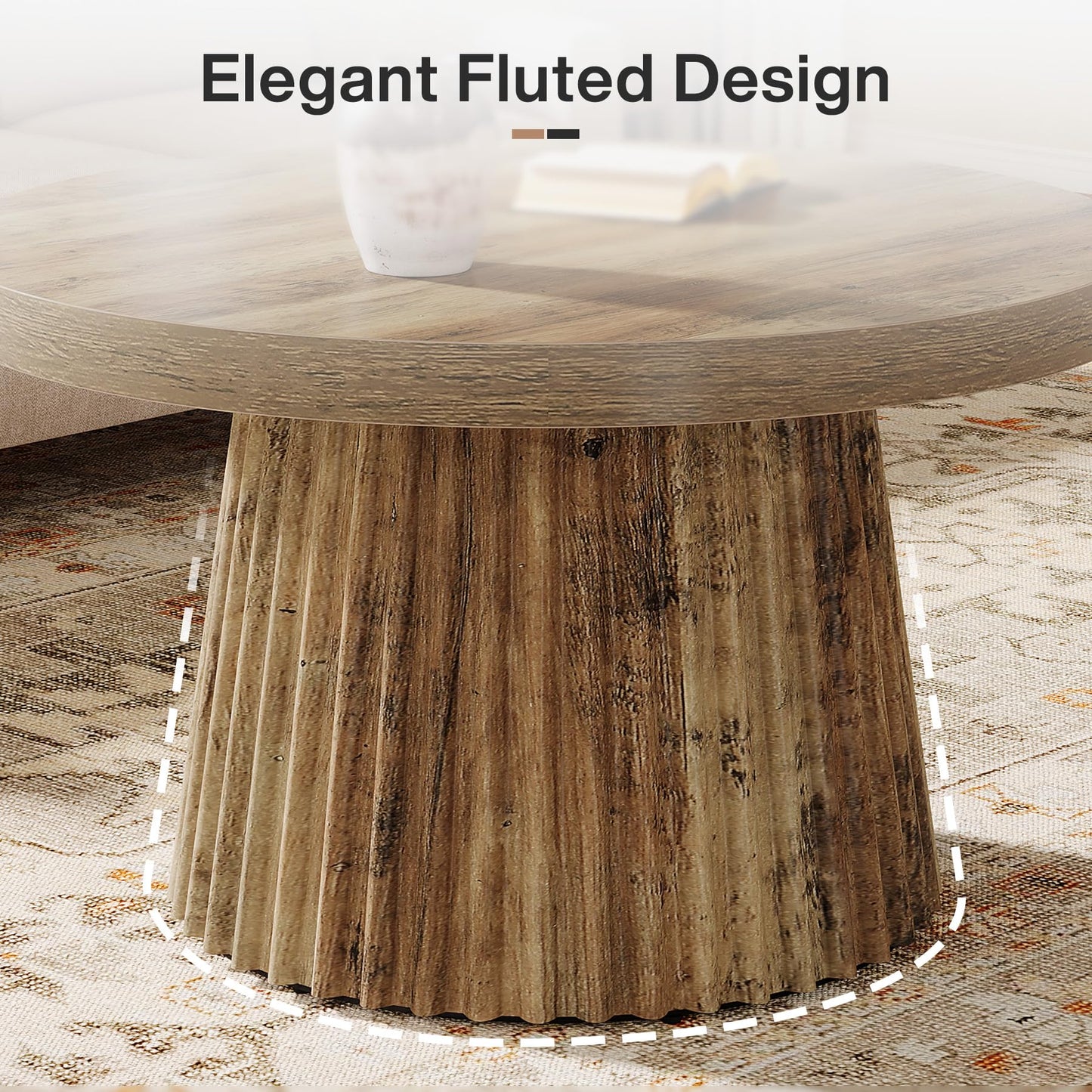 Tribesigns Coffee Table, 31.5" Small Farmhouse Round Coffee Tables with Fluted Drum Base, Mid Century Modern Boho Accent Center Table for Living Room, Apartment, Small Space, Brown