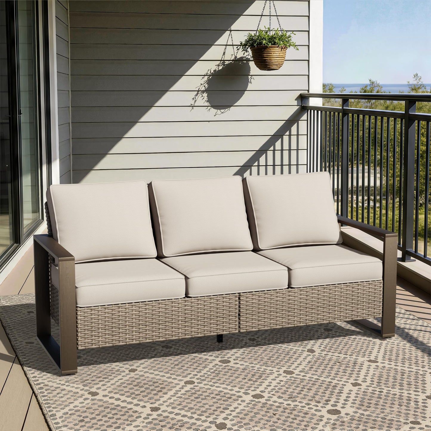 Joyside Outdoor Patio Wicker Sofa, 3-Seater Rattan Sofa with Thick Olefin Cushions and Metal Steel Rectangular Framed Armrest -Looking Metal Armrest Suitable for Garden, Backyard, Porch, Deck