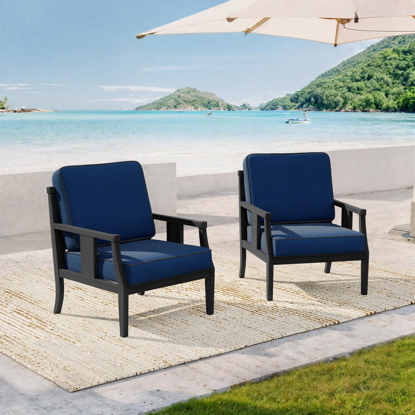 Outdoor Patio Armchairs Set of 2, All-Weather Solid Wood Patio Furniture Sets, Outdoor Sofa Chairs with Washable Thick Cushions for Porch, Balcony, Deck, Black Frame & Gray Cushion