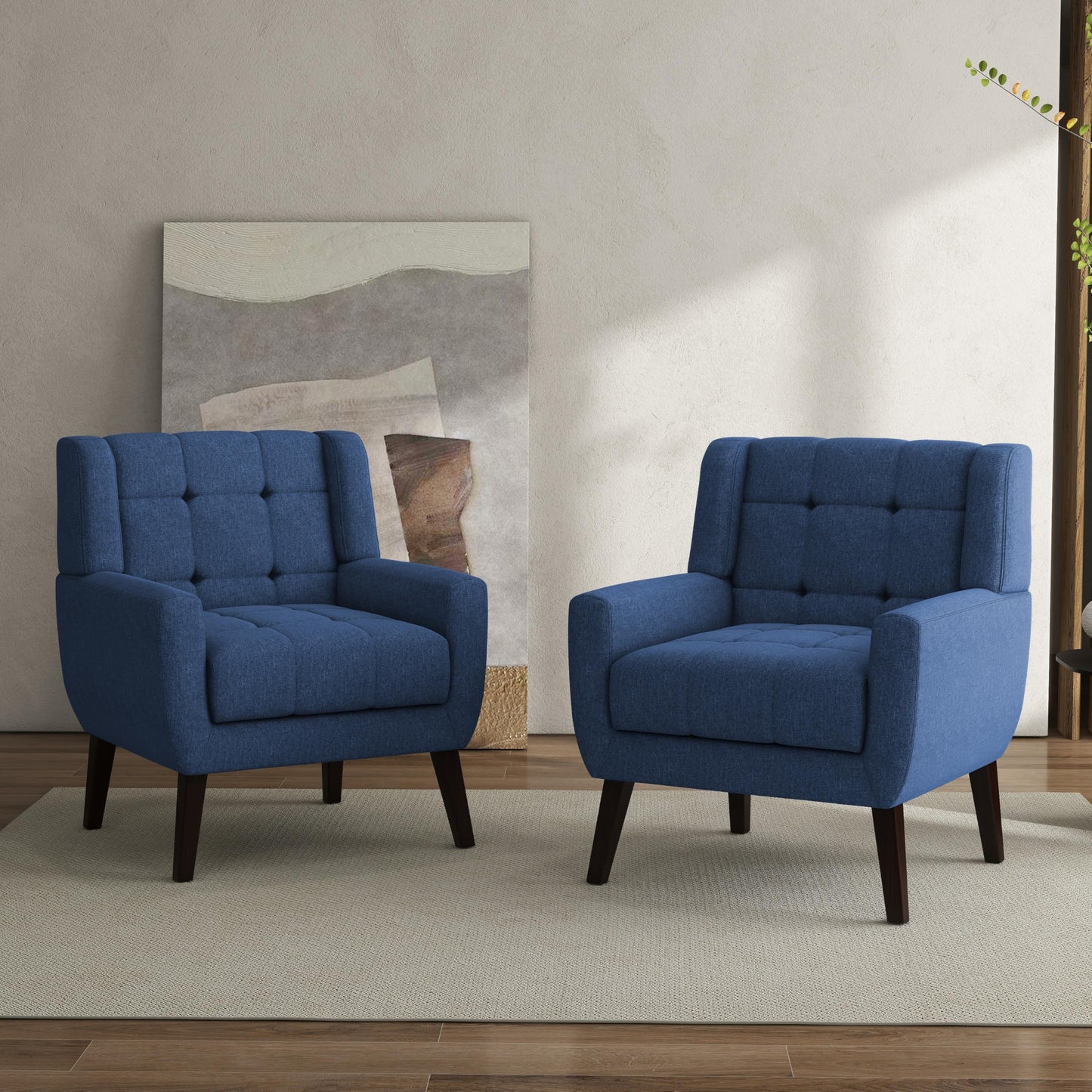 Faux Leather Accent Chairs Set of 2, Mid-Century Modern Upholstered Armchair, Comfy Living Room Chairs Reading Chairs with Button Tufted Back & Solid Wood Legs for Bedroom, Office, Black
