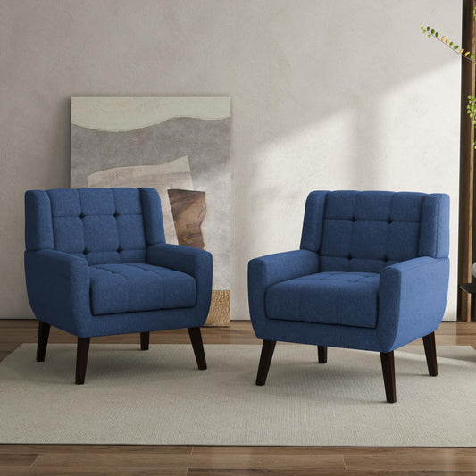 Faux Leather Accent Chairs Set of 2, Mid-Century Modern Upholstered Armchair, Comfy Living Room Chairs Reading Chairs with Button Tufted Back & Solid Wood Legs for Bedroom, Office, Black