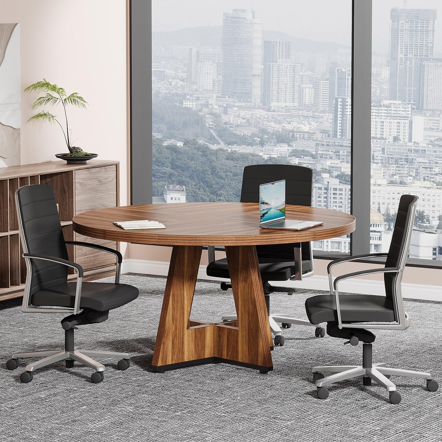 Tribesigns 47-Inch Round Conference Table for 4-6 People, Wooden Meeting Room Table with Thicken Tabletop and Wood Base (Grey)