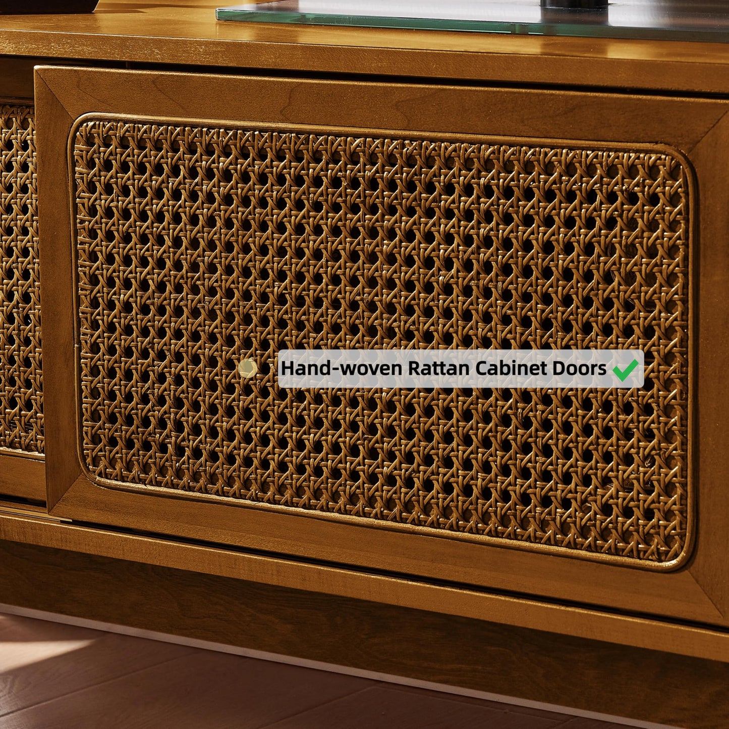 LKTART Mid Century Modern Rattan TV Stand for 65 Inch TV,59" Boho Media Console with Sliding Doors & Open Shelves,Solid Wood Legs for Living Room,Light Walnut