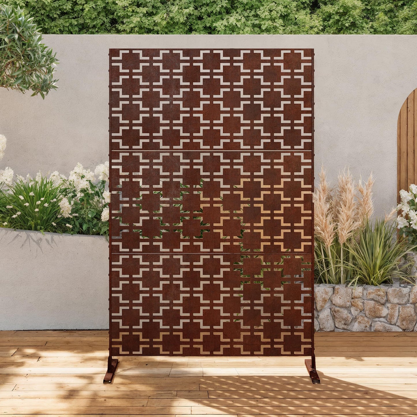 Outdoor Metal Privacy Screen with Stand, 72" H x 47" W Freestanding Outdoor Patio Divider, Decorative Patio Privacy Fence Panel for Garden Backyard Balcony Porch (Brown-Crossbanding)