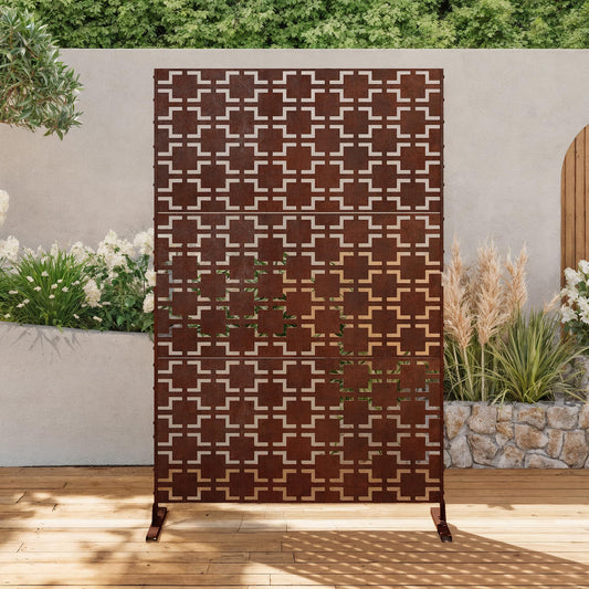 Outdoor Metal Privacy Screen with Stand, 72" H x 47" W Freestanding Outdoor Patio Divider, Decorative Patio Privacy Fence Panel for Garden Backyard Balcony Porch (Brown-Crossbanding)