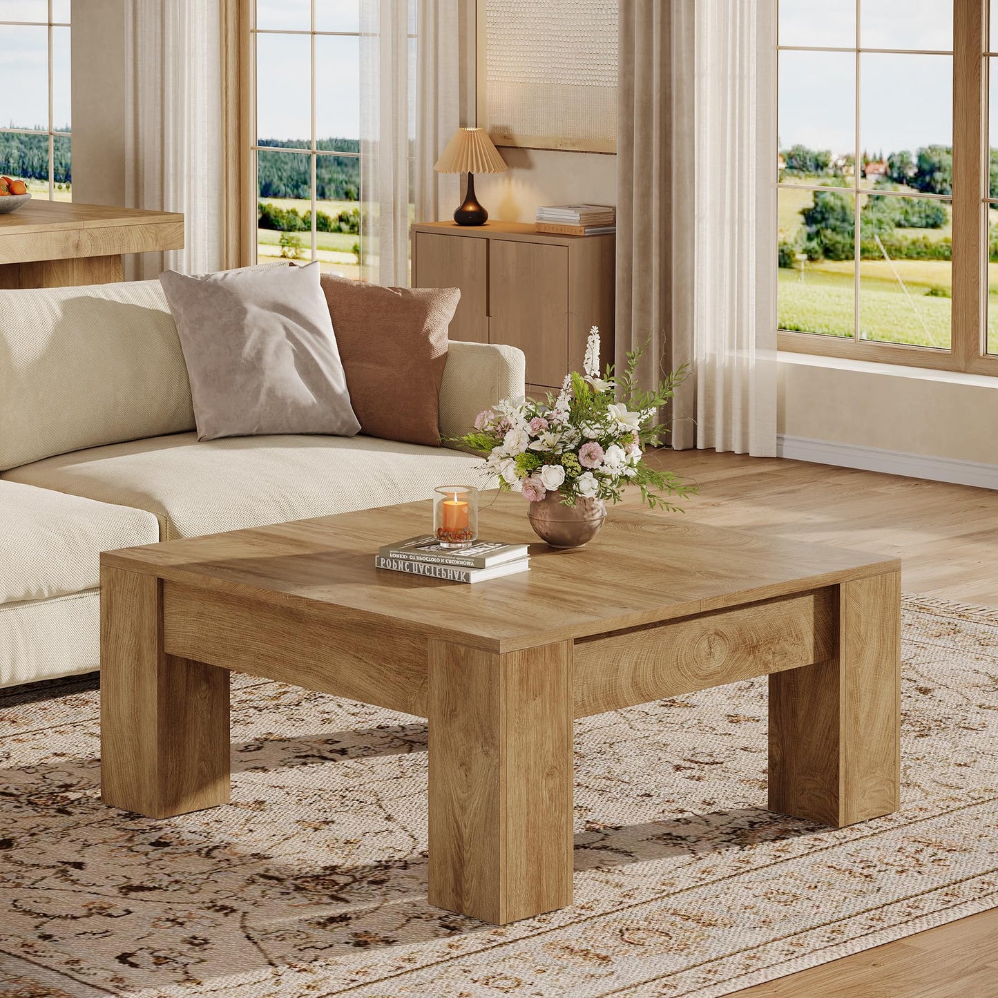Tribesigns Square Coffee Table, 39-Inch Farmhouse Wooden Coffee Table with Sturdy Legs, Rustic Accent Center Table for Living Room, Easy Assembly, Light Brown