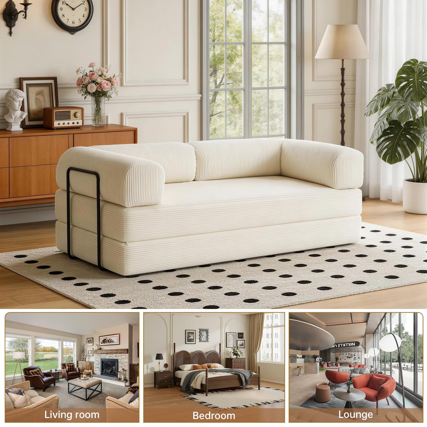79'' Convertible Sleeper Sofa Bed, 4-in-1 Corduroy Folding Floor Couch, No Assembly Modular Boneless Loveseat with Pull Out Bed, Comfy Foldable Sofa Bed for Living Room Bedroom Guest Room, Gray