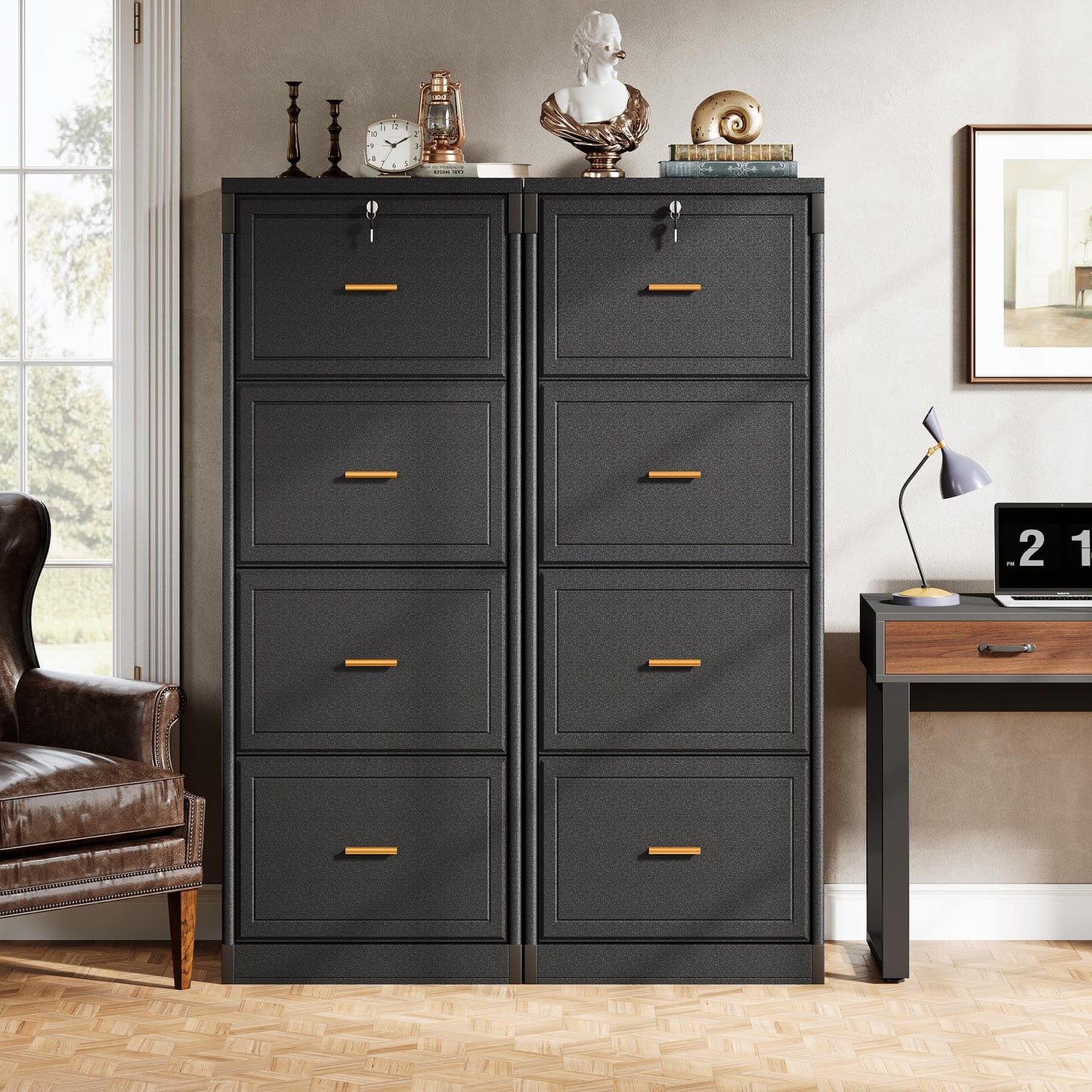 Tribesigns 4-Drawer File Cabinet with Lock, Locked File Cabinet with Key, Tall Wooden Filing Cabinets for Home Office, Vertical Office Storage for Legal Size/Letter/A4/Files, Brown