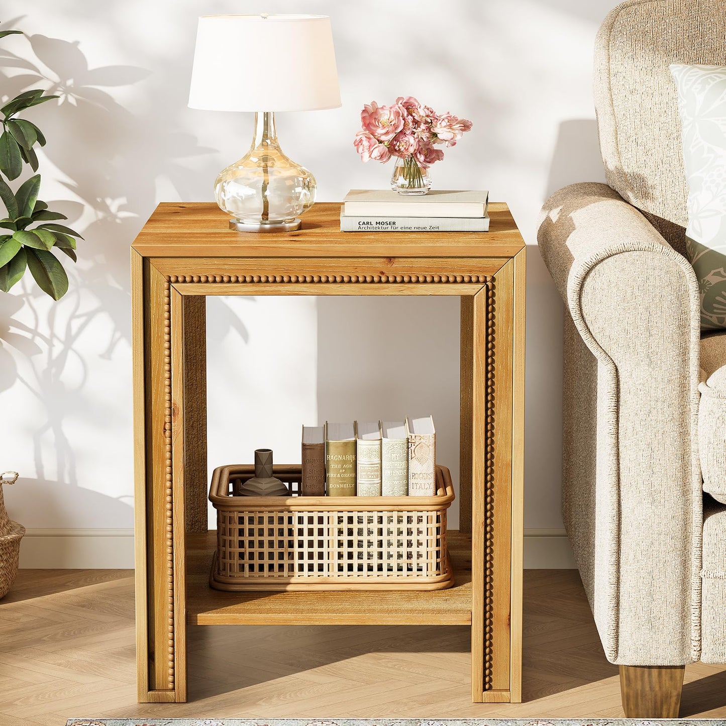 Solid Wood End Table, 2-Tier Farmhouse Side Table with Storage Shelves, Rustic Narrow Nightstand for Small Spaces, Living Room, Bedroom, Warm Brown (2)