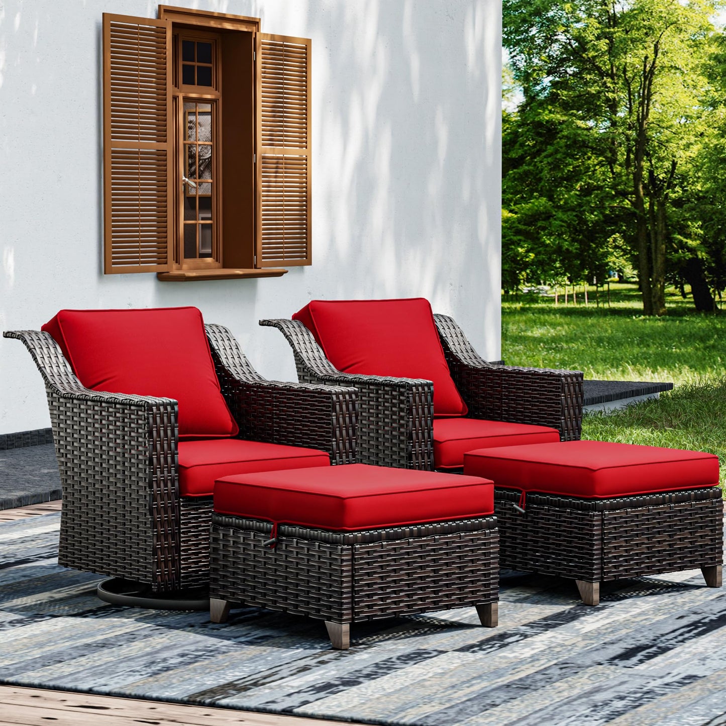 Joyside Patio Sofa - 3 Seater Rattan Sofa, All Weather High Back Sofa, Upgraded Large Size with 4inch Seat Cushions for Backyard, Garden, Poolside (Brown/Blue)