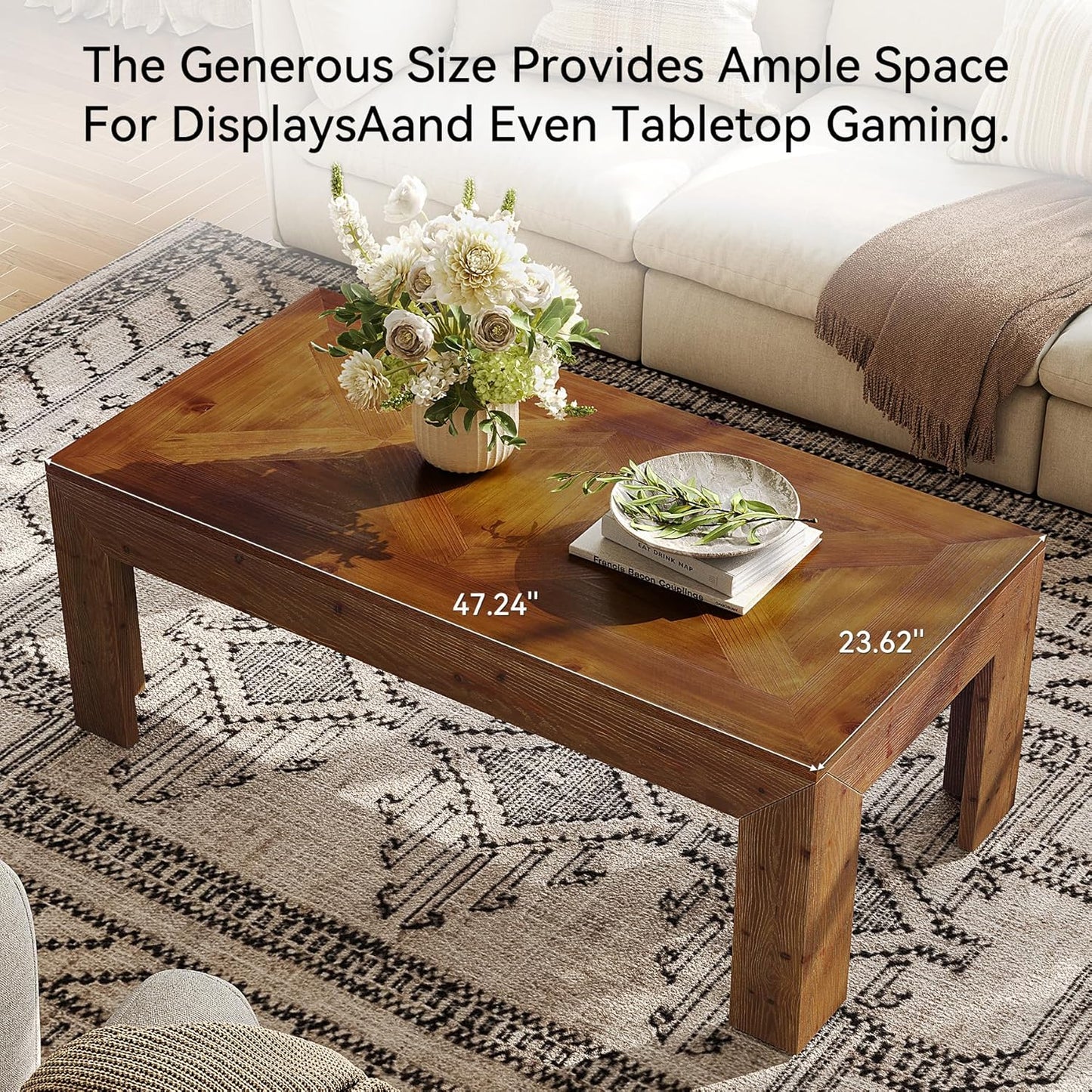 Rectangular Coffee Table, 47-Inch Solid Wood Living Room Coffee Table, Mid Century Modern Center Cocktail Table for Living Room, Apartment, Office, Antique Brown