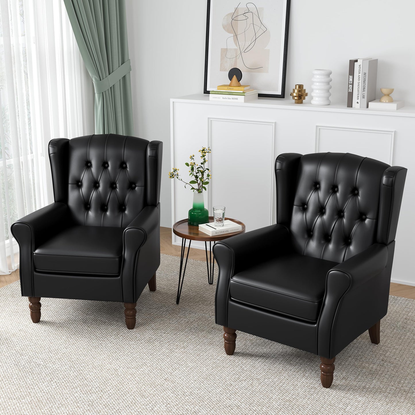 Faux Leather Wingback Chairs Set of 2, High Back Accent Chair for Living Room, Button-Tufted Upholstered Armchair with Solid Wood Legs, Comfy Reading Chair for Bedroom, Brown