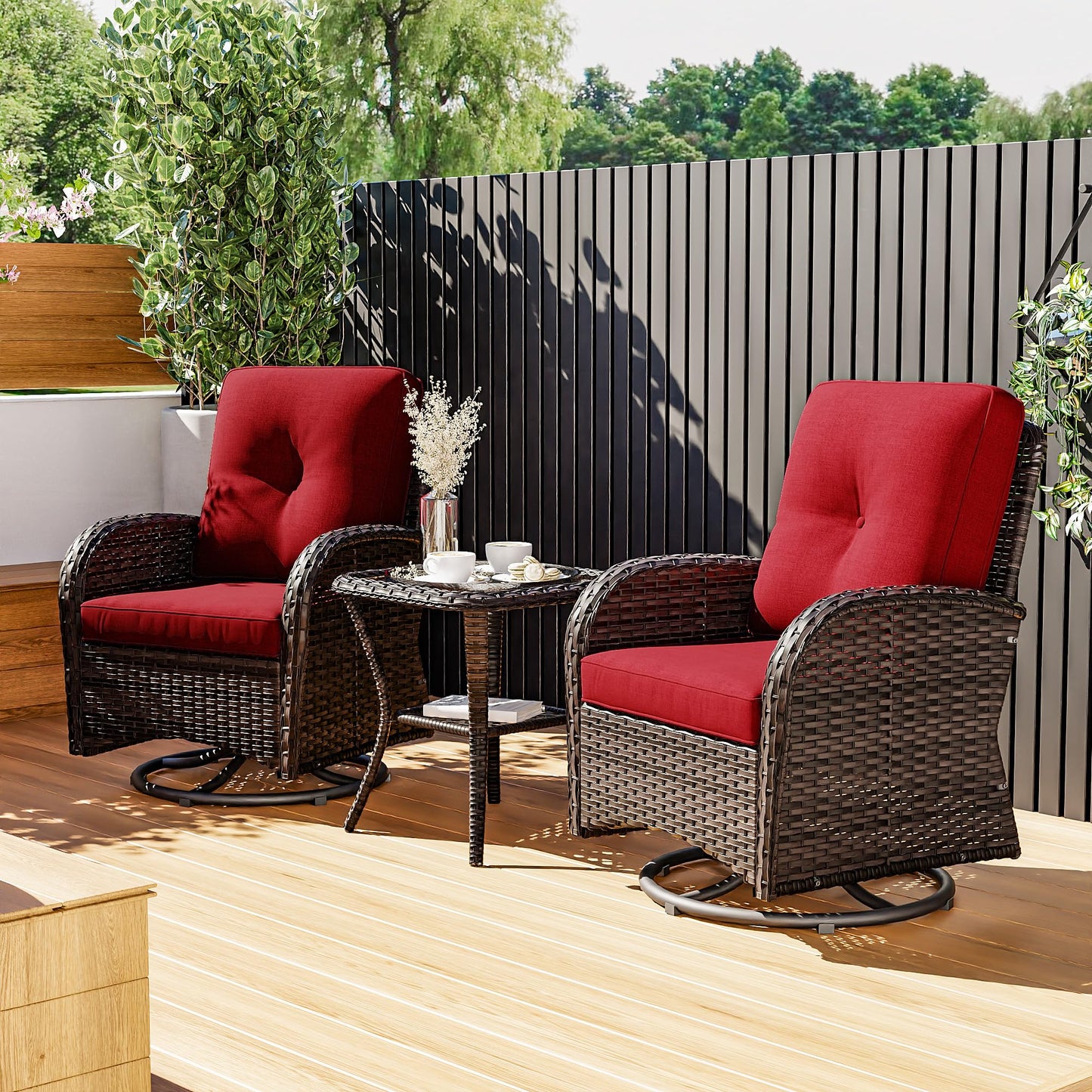 Joyside Patio Swivel Rocker Wicker Chairs - Outdoor Swivel Rocking Chairs Set of 2 with Wicker Side Table, Patio Swivel Rocker Chair 3 Piece Patio Furniture Sets for Porch Deck(Brown/Blue)