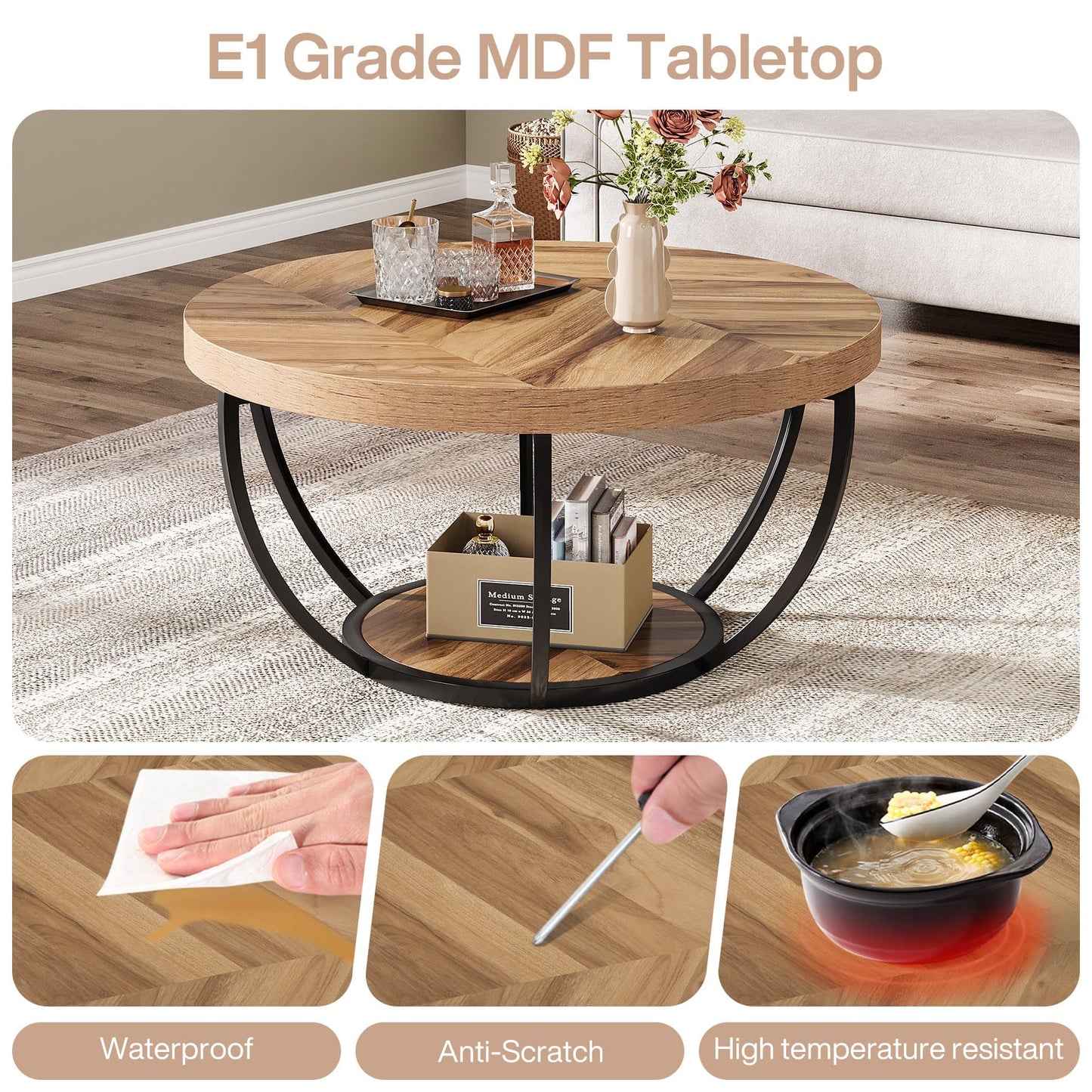 Tribesigns Round Coffee Table, 31.7" Wooden 2-Tier Circle Coffee Table with Storage Shelves, Modern Accent Cocktail Table Center Table for Living Room, Grey