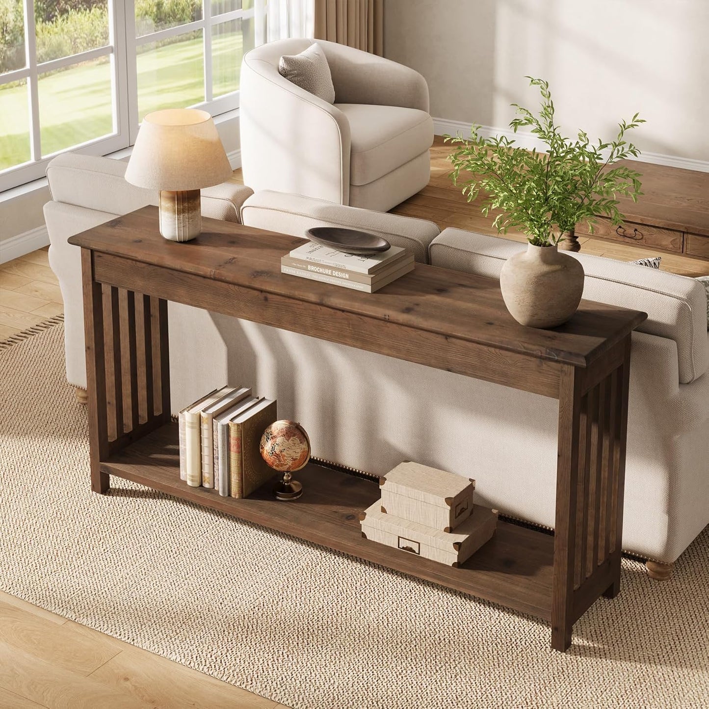 63" Solid Wood Console Table with 2-Tier Shelf, Farmhouse Sofa Table, Rustic Entryway Table for Behind Couch, Hallway, Living Room