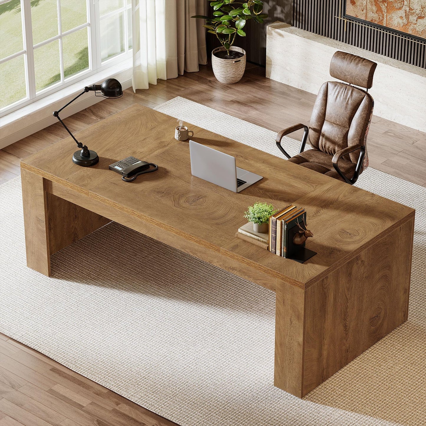 Tribesigns 70.9-Inch Executive Desk, Large Wooden Computer Office Desk with Sturdy Double Pedestal Legs, Writing Table Business Workspace Home Office Furniture for Home Office (Brown)