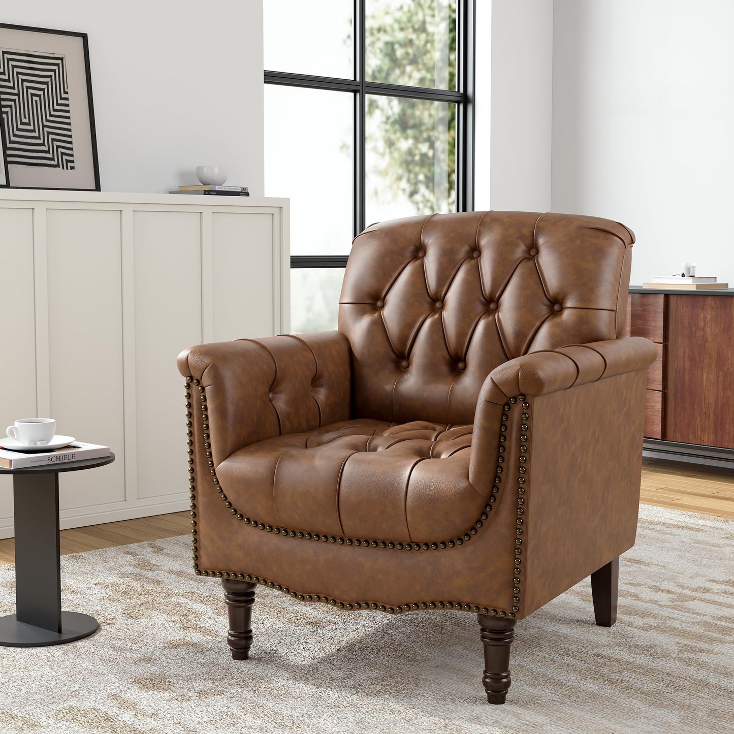 Faux Leather Club Chair, Retro Upholstered Armchair Accent Chair with Solid Wood Legs & Nailhead Trim for Living Room, Bedroom, Reading Room, Camel