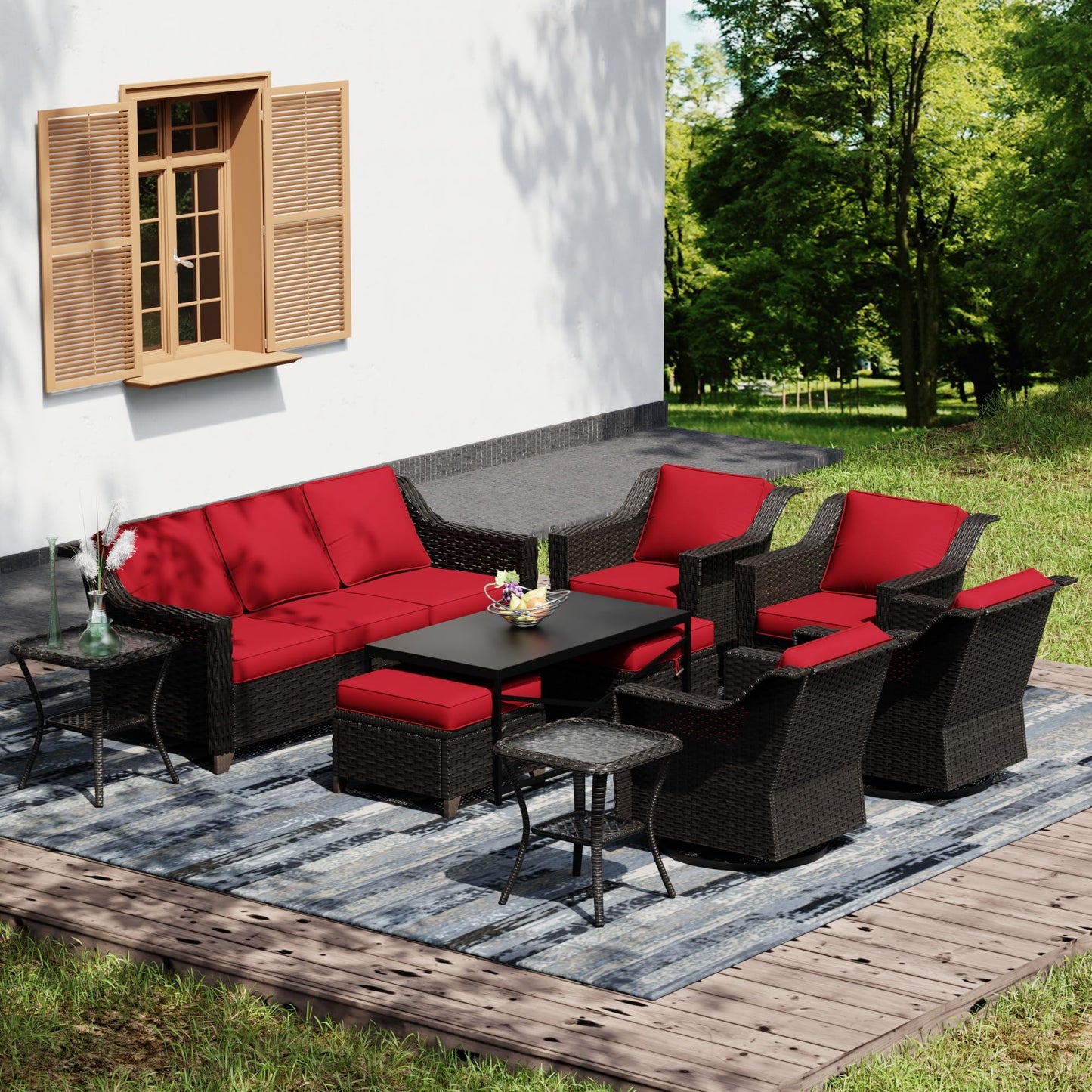 Joyside Patio Sofa - 3 Seater Rattan Sofa, All Weather High Back Sofa, Upgraded Large Size with 4inch Seat Cushions for Backyard, Garden, Poolside (Brown/Blue)