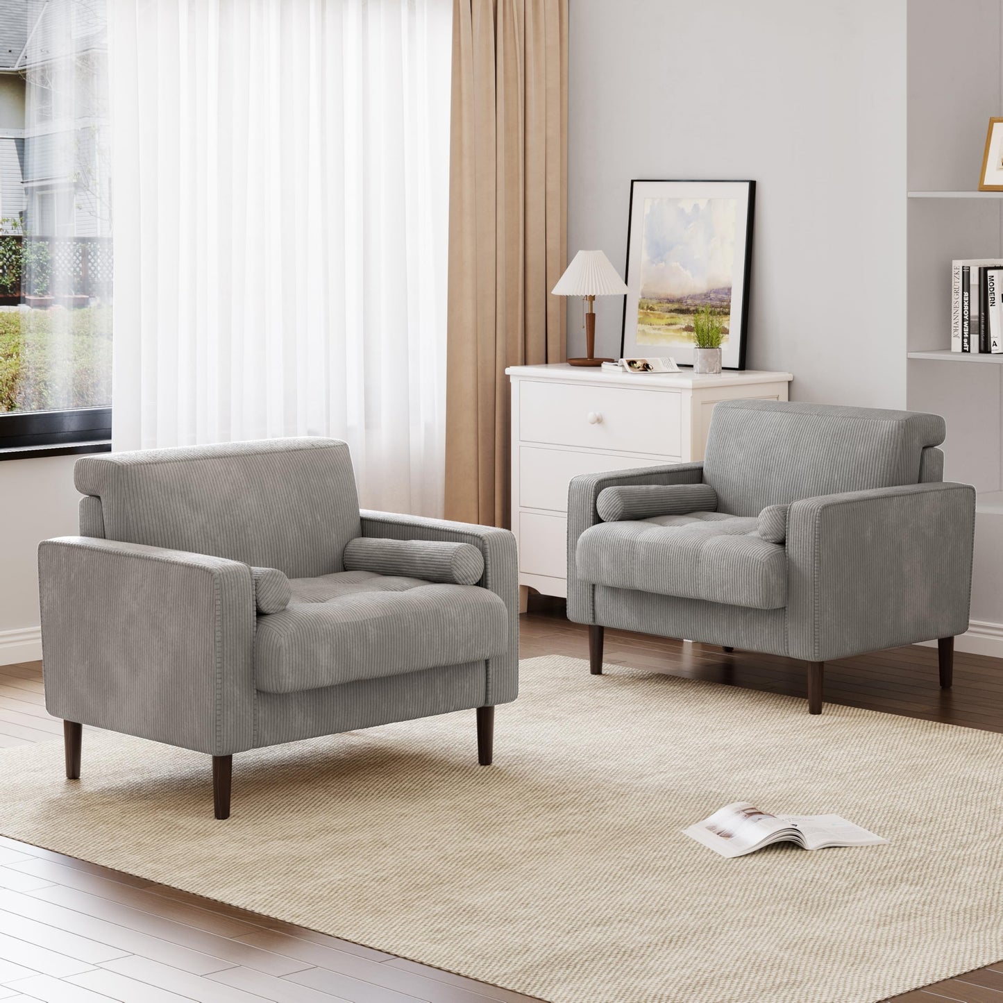 34.5" Arm Chair, Corduroy Fabric Modern Accent Chair, Comfy Upholstered Armchair Reading Chair with Solid Wood Legs for Living Room Bedroom Office, Yellow