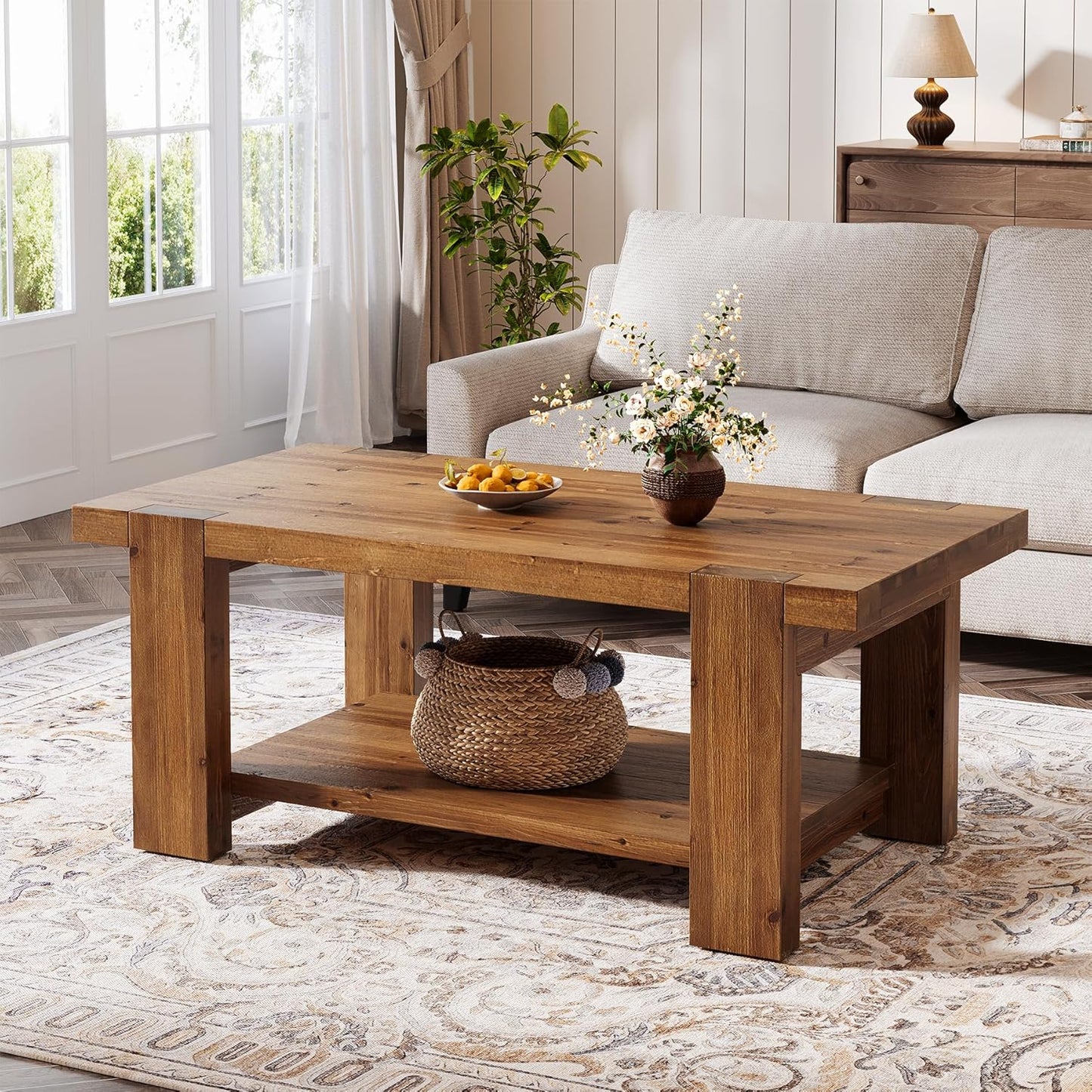 Solid Wood Coffee Table with 2-Tier Storage Shelf, 47.2" Farmhouse Rectangle Center Table Furniture for Living Room, Apartment, Office, Rustic Brown