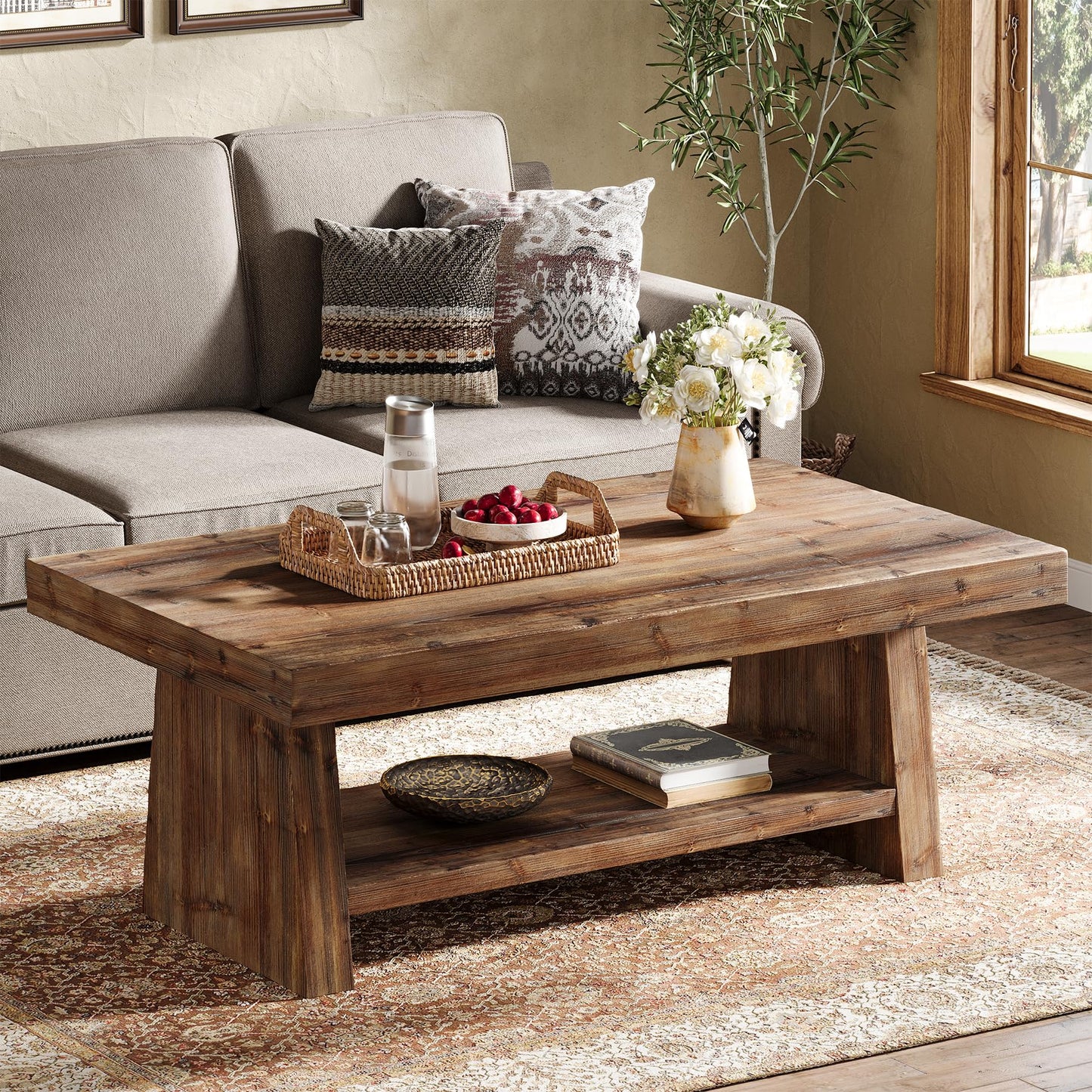 Solid Wood Coffee Table, 47-Inch Farmhouse Wooden Coffee Table for Living Room, 2-Tier Rectangular Center Table with Storage for Apartment, Home Office, Dark Brown
