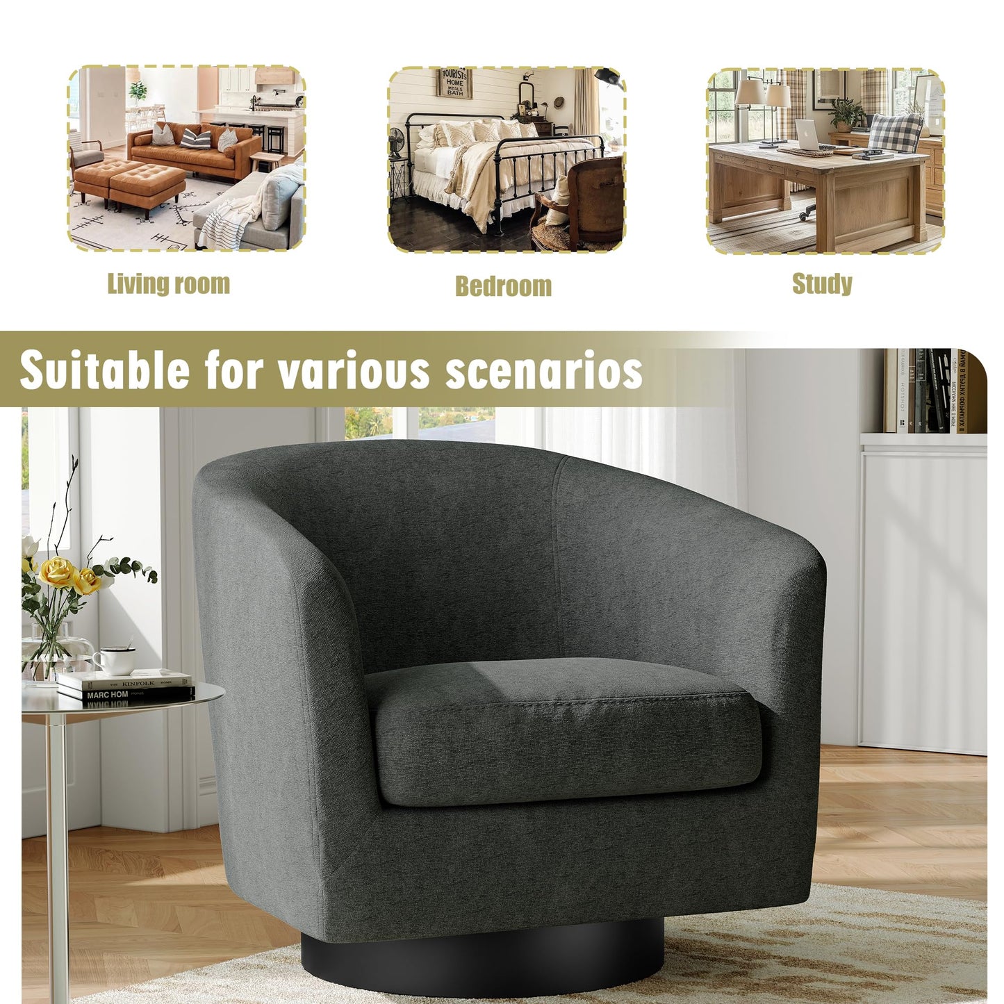 Swivel Barrel Accent Chairs Set of 2, Modern 360° Swivel Round Barrel Chair with Curve Back, Upholstered Velvet Fabric Armchair Single Sofa Club Chair for Living Room, Bedroom, Coffee