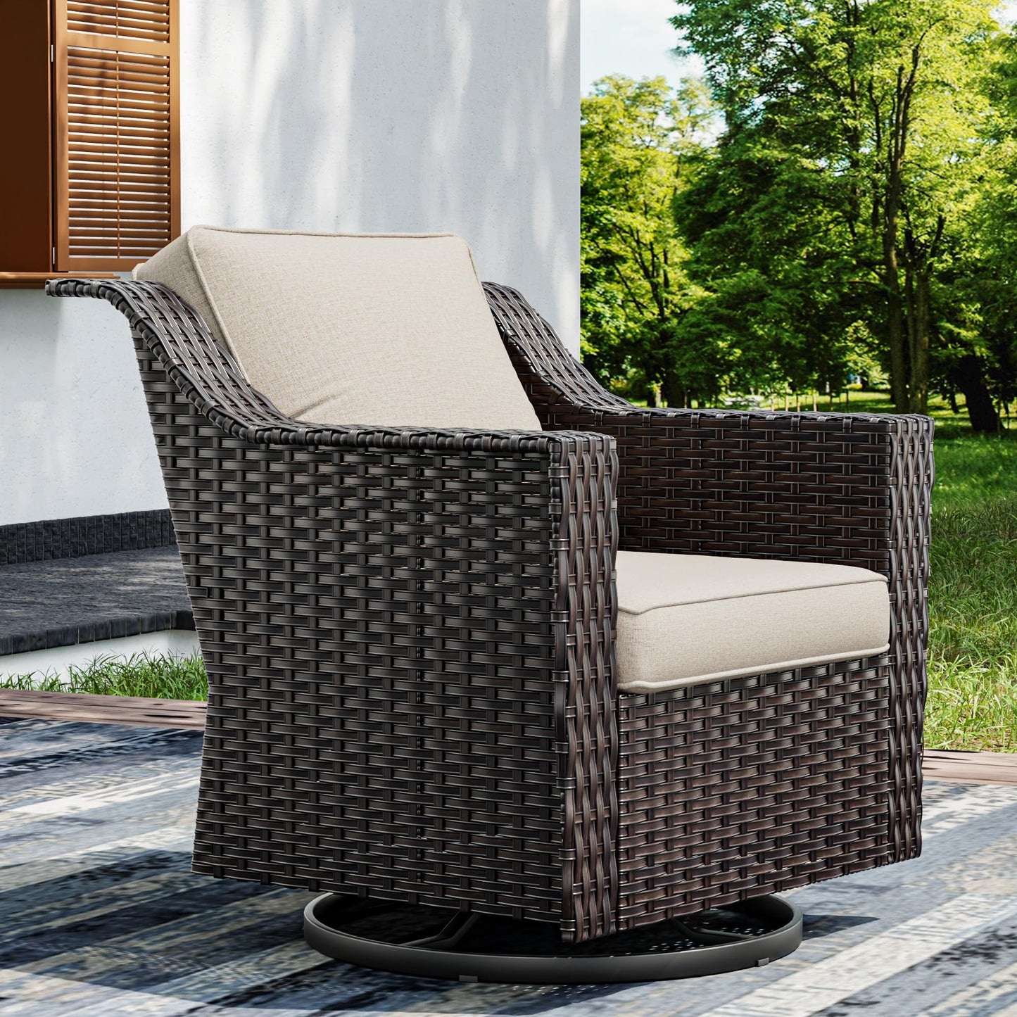 Joyside Patio Sofa - 3 Seater Rattan Sofa, All Weather High Back Sofa, Upgraded Large Size with 4inch Seat Cushions for Backyard, Garden, Poolside (Brown/Blue)