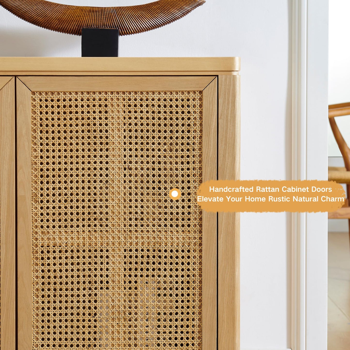 LKTART 63" Rattan Sideboard Buffet Cabinet,Kitchen Storage Cabinet,Wood Coffee Bars with 4 Doors & Open Storage Shelves,Mid Century Modern Credenza Console Table for Living Room,Walnut