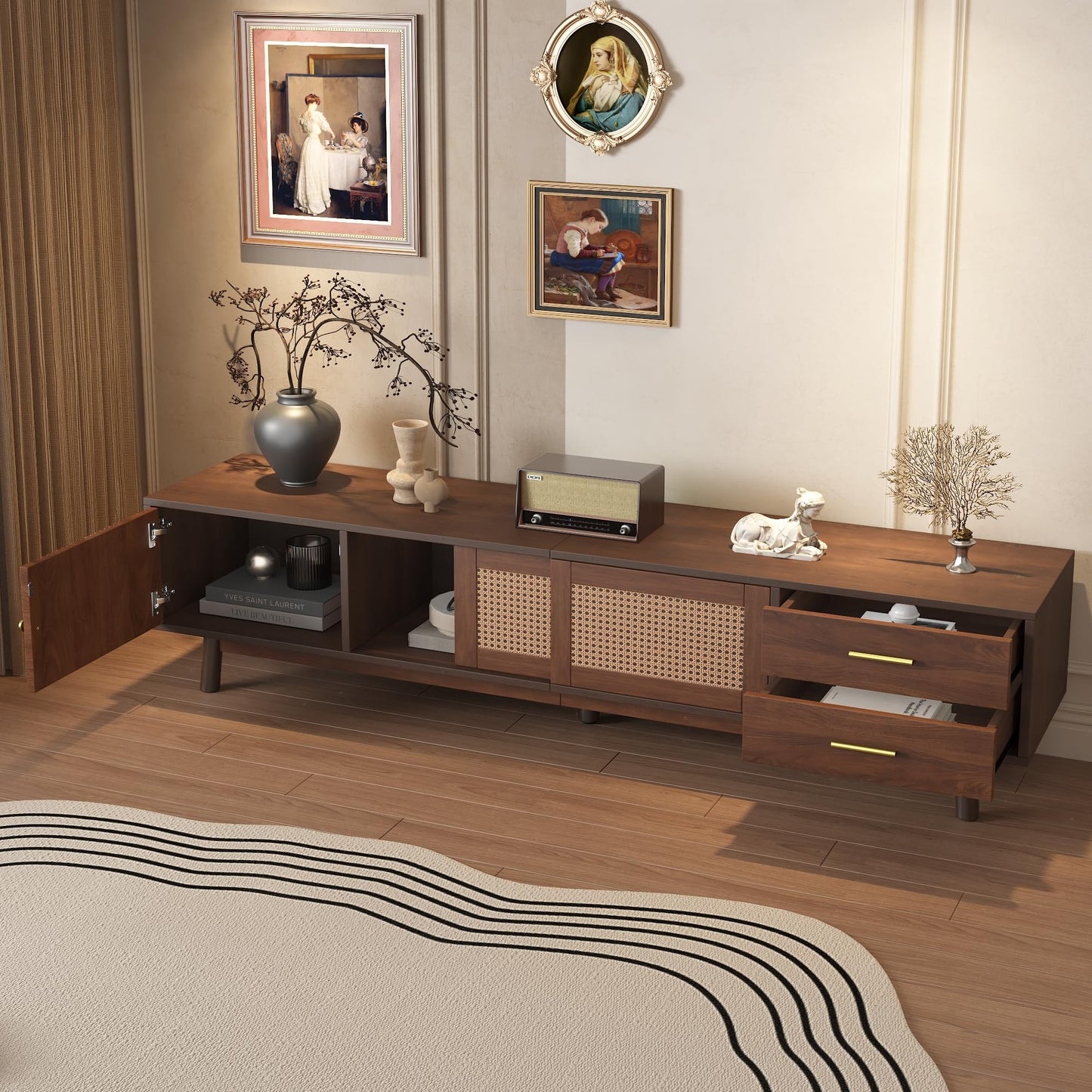 LKTART 67" Mid Century Modern TV Stand for 65/70/75/80" TVs,Entertainment Center with Sliding Doors and Drawers,Media Console for Living Room