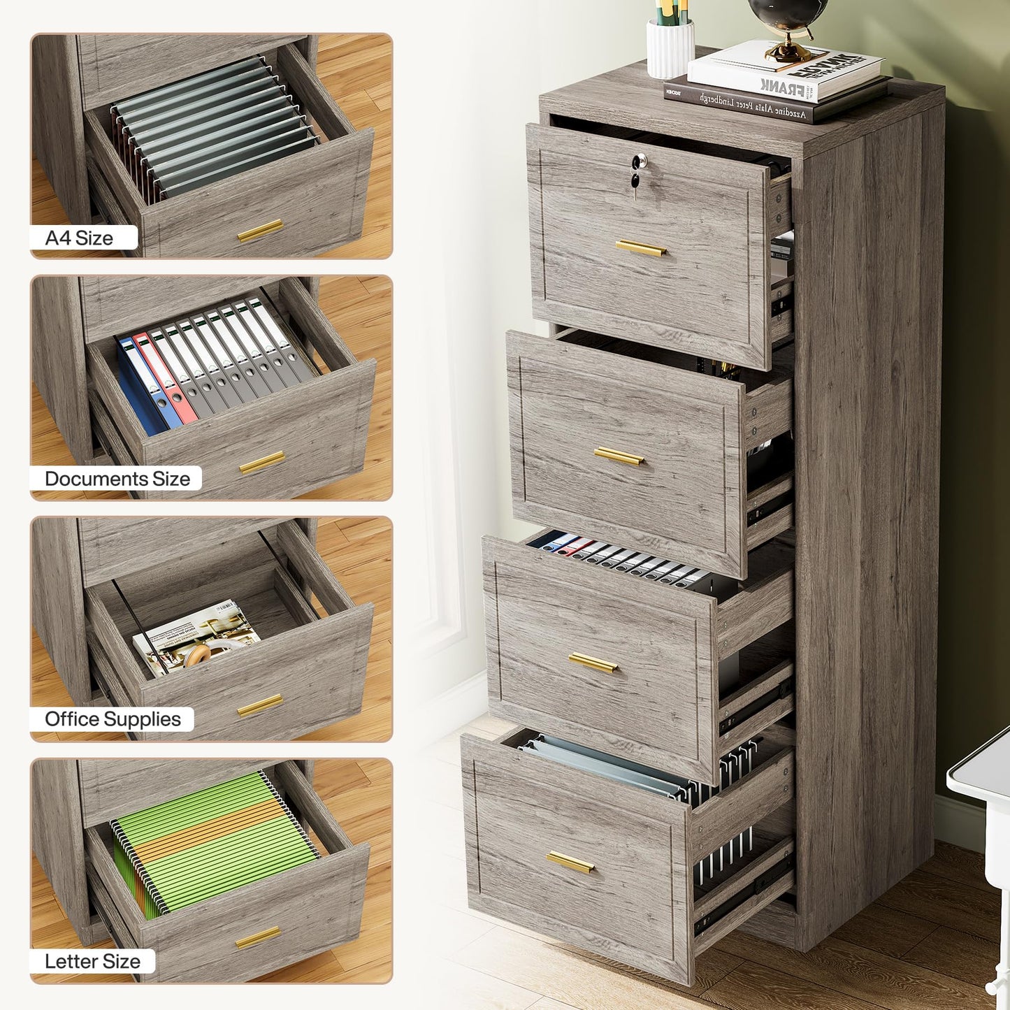 Tribesigns 4-Drawer File Cabinet with Lock, Locked File Cabinet with Key, Tall Wooden Filing Cabinets for Home Office, Vertical Office Storage for Legal Size/Letter/A4/Files, Brown