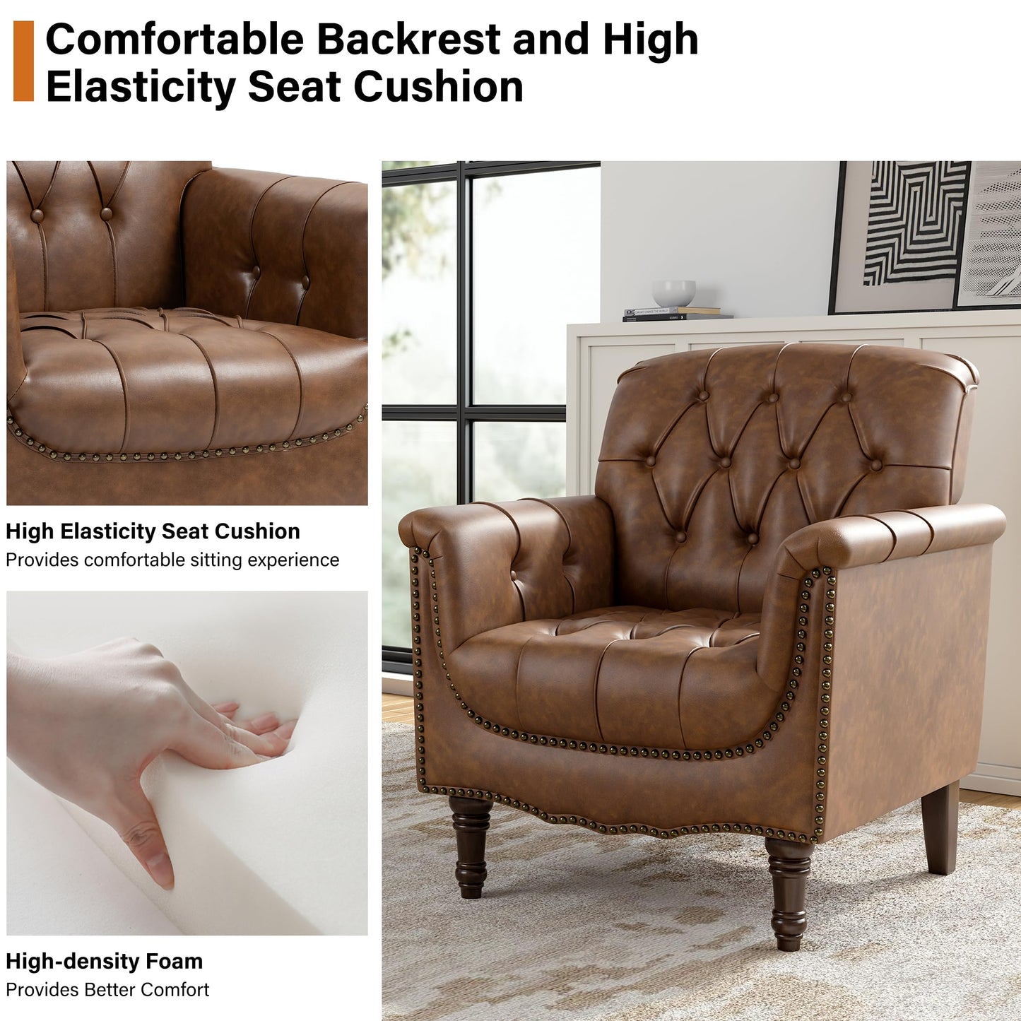 Faux Leather Club Chair, Retro Upholstered Armchair Accent Chair with Solid Wood Legs & Nailhead Trim for Living Room, Bedroom, Reading Room, Camel