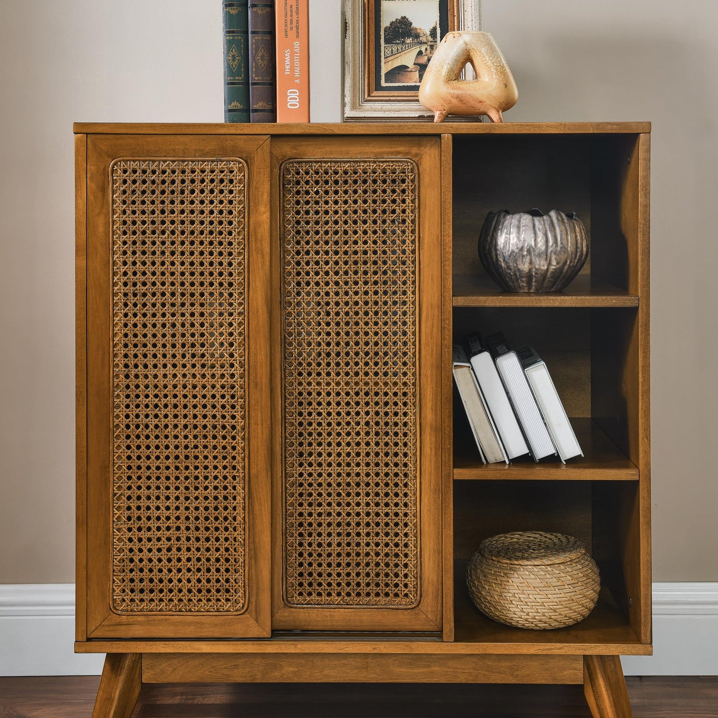LKTART Mid Century Modern Storage Cabinet with Rattan Sliding Doors and Open Shelves, Boho Style Wooden Sideboard Buffet for Living Room,Dark Walnut