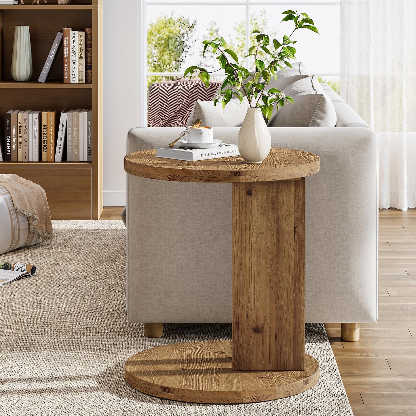 Solid Wood End Table, C-Shaped Round Side Table for Sofa and Bedside, Farmhouse Accent Furniture for Living Room, Bedroom, Easy Assembly (1, Brown)